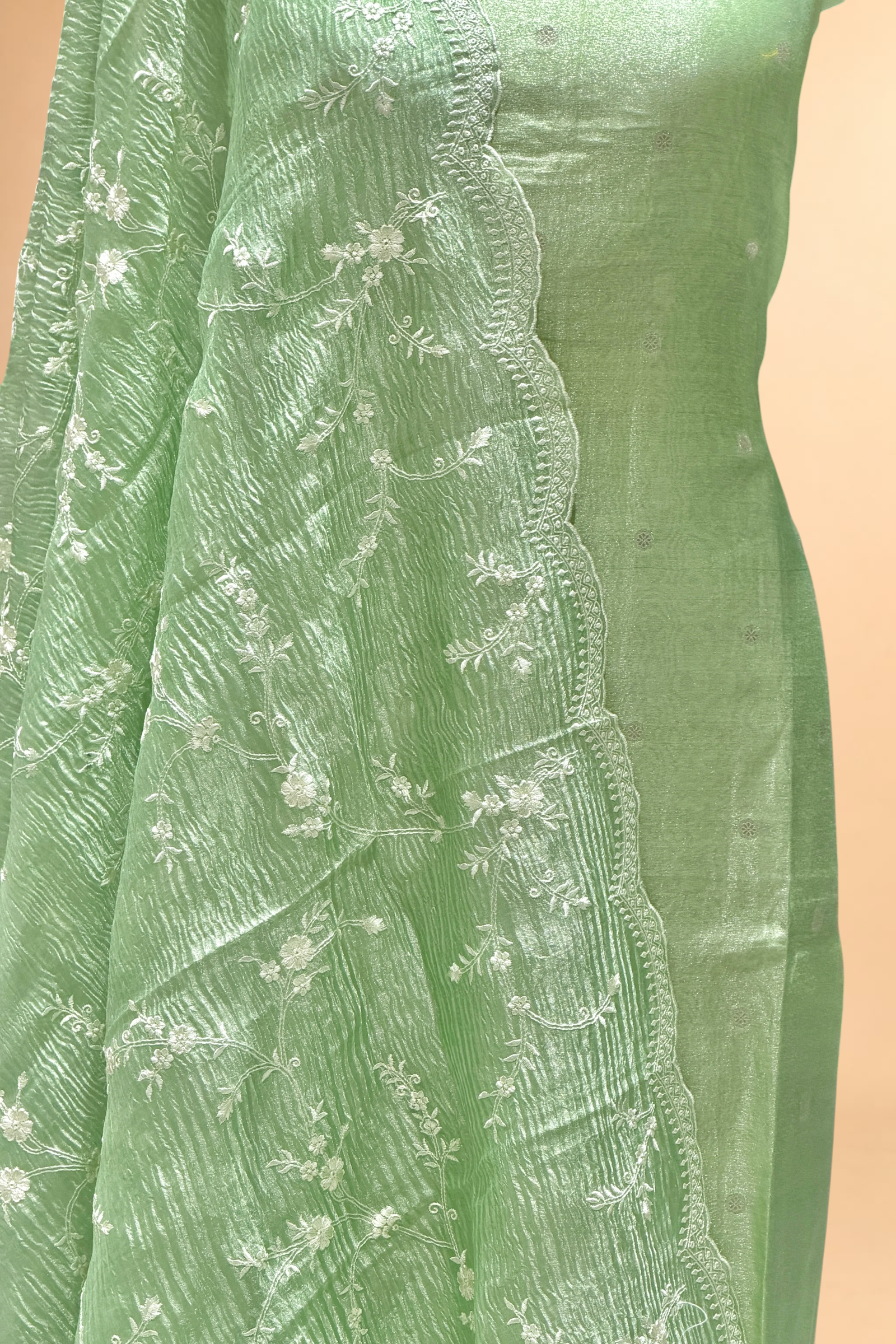 Sage Green Tissue Silk Suit Set with Crush Tissue Floral Dupatta