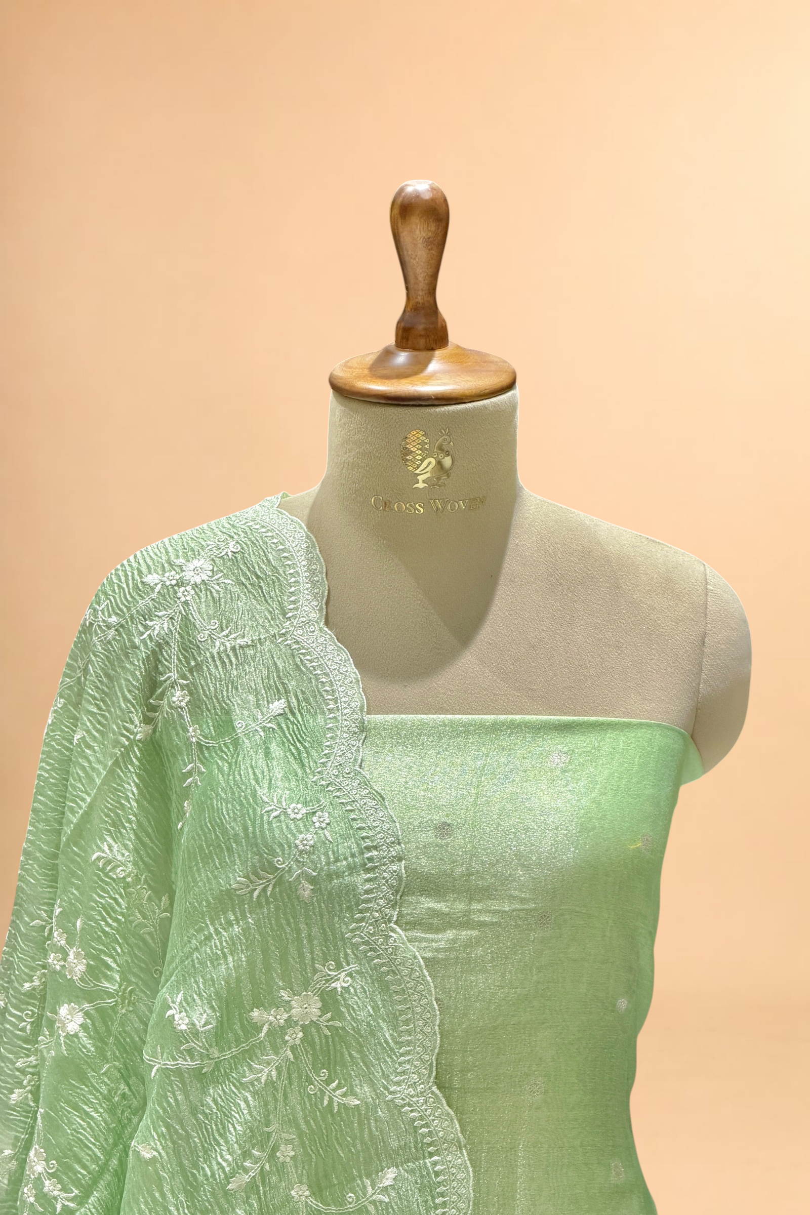 Sage Green Tissue Silk Suit Set with Crush Tissue Floral Dupatta