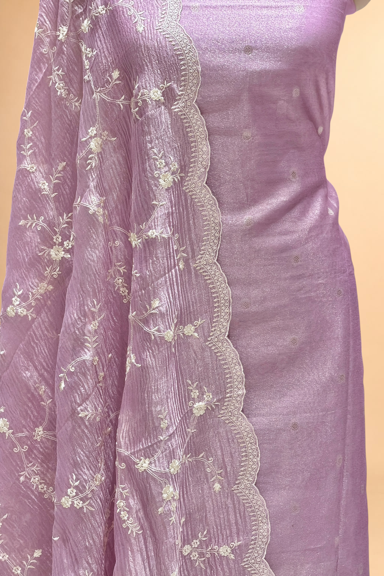 Lavender Tissue Silk Suit Set with Crush Tissue Floral Dupatta