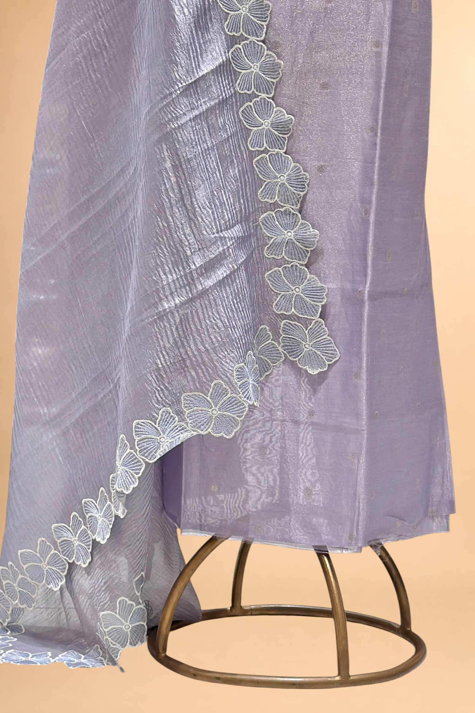 Lavender Tissue Silk Suit Set with Silver Bootis & Floral Crush Tissue Dupatta