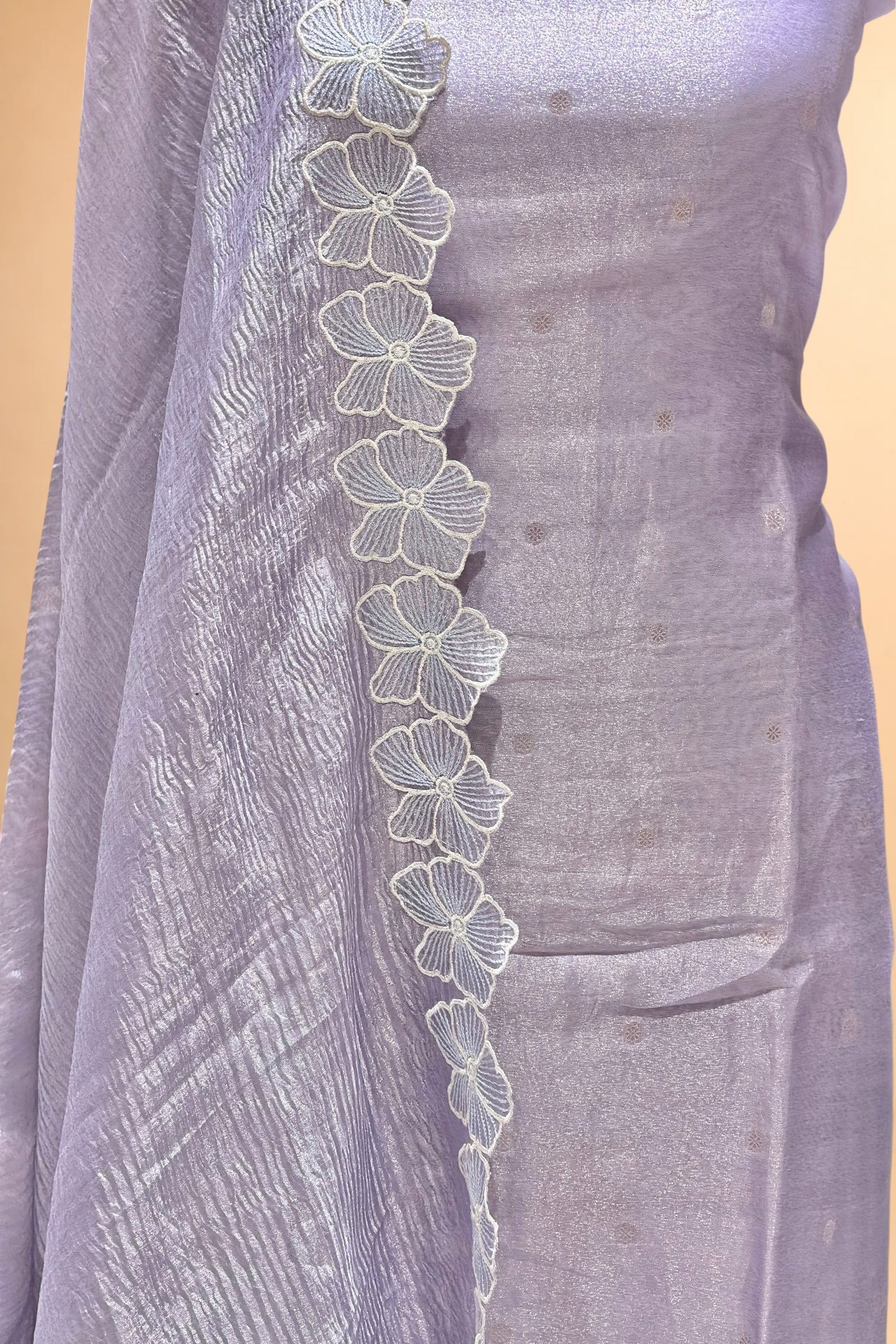 Lavender Tissue Silk Suit Set with Silver Bootis & Floral Crush Tissue Dupatta