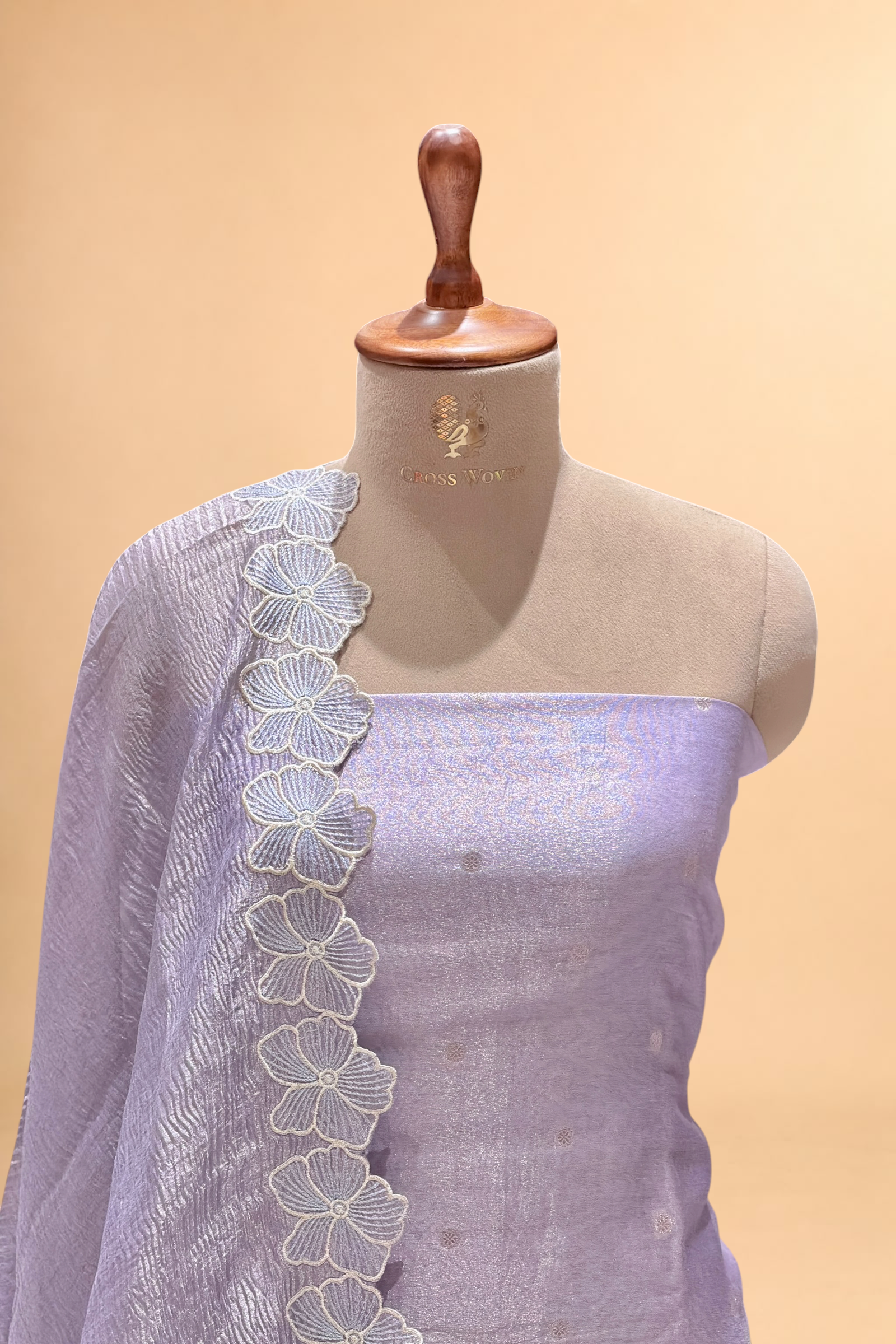Lavender Tissue Silk Suit Set with Silver Bootis & Floral Crush Tissue Dupatta
