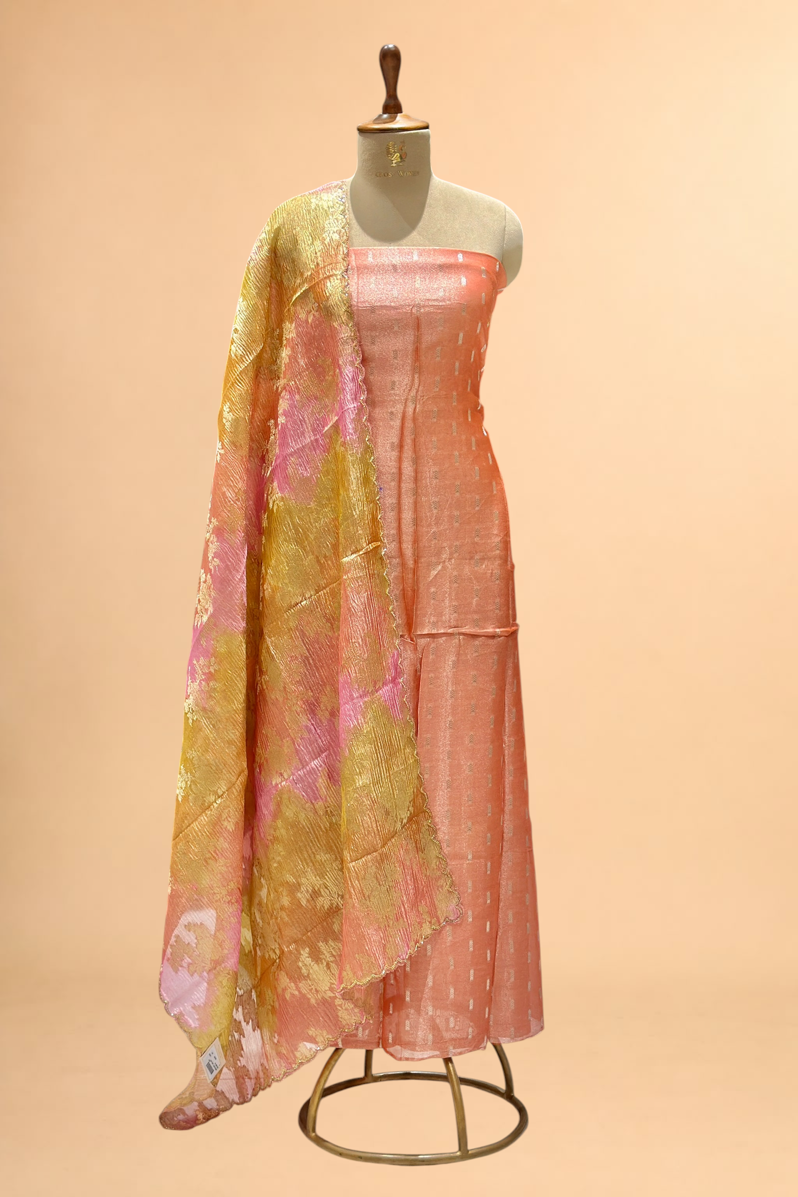 Coral Red Tissue Silk Suit Set With Rangkaat Dupatta