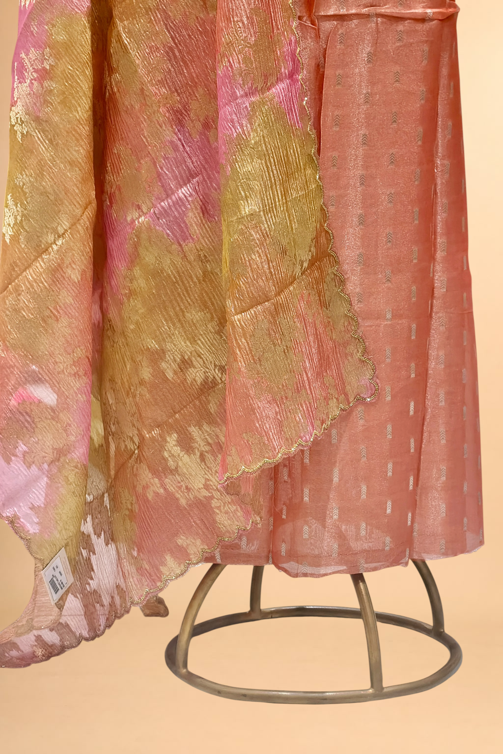 Coral Red Tissue Silk Suit Set With Rangkaat Dupatta