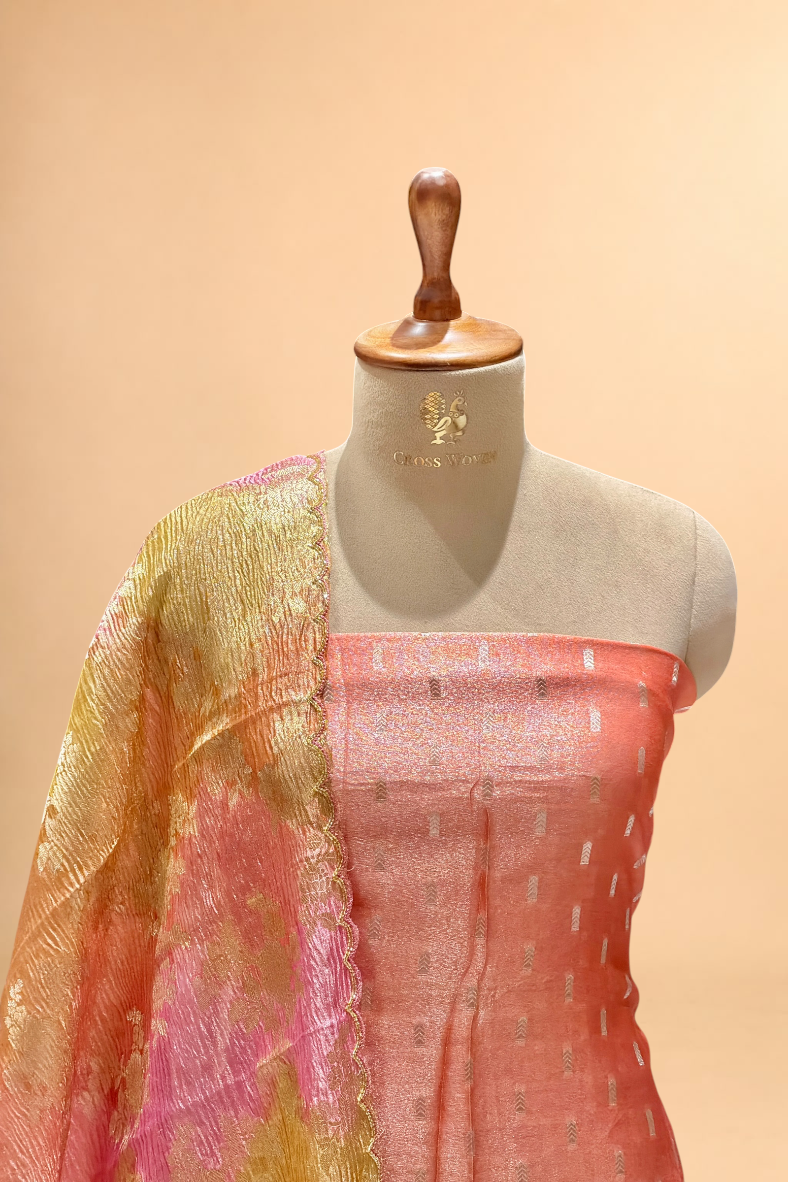 Coral Red Tissue Silk Suit Set With Rangkaat Dupatta