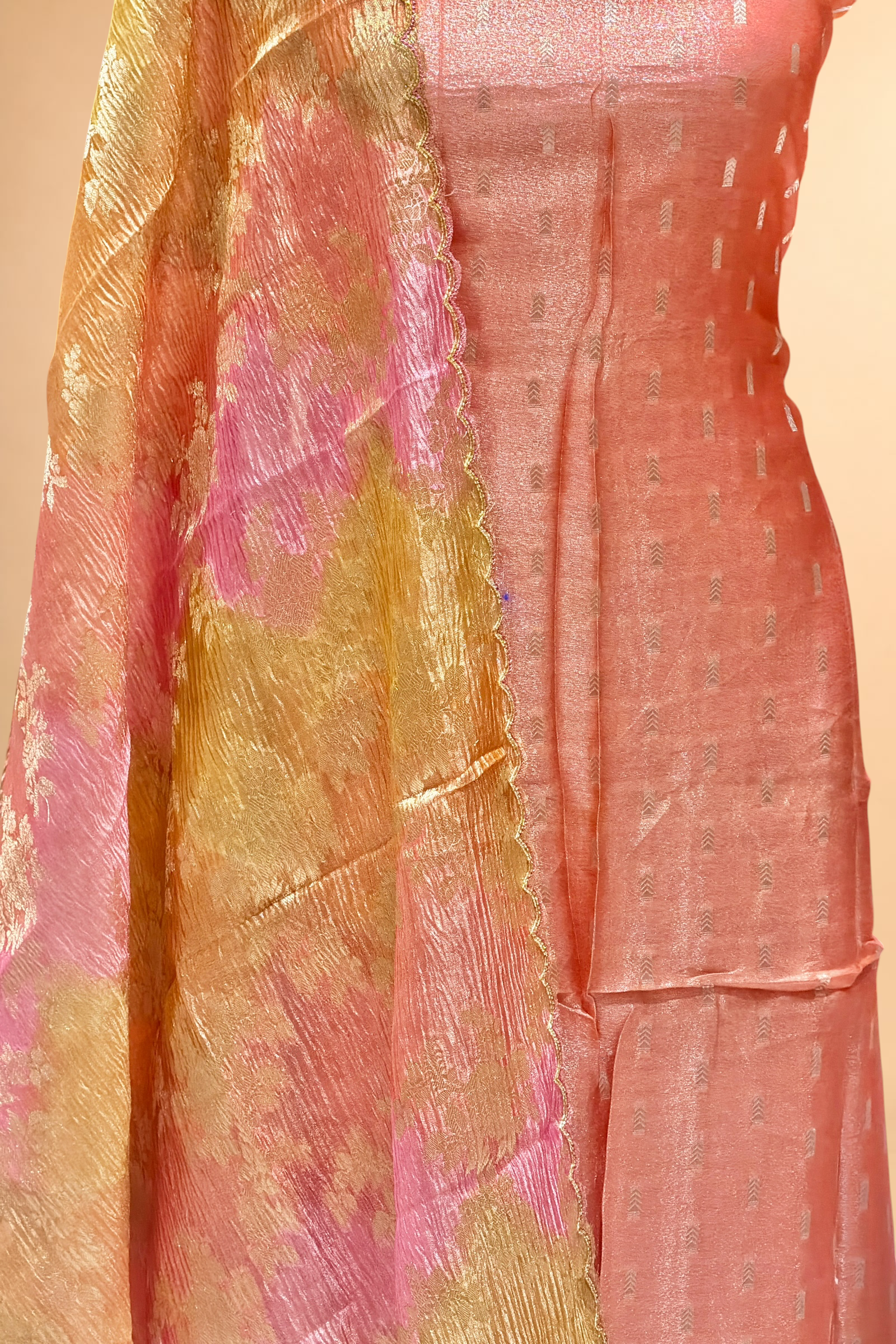 Coral Red Tissue Silk Suit Set With Rangkaat Dupatta