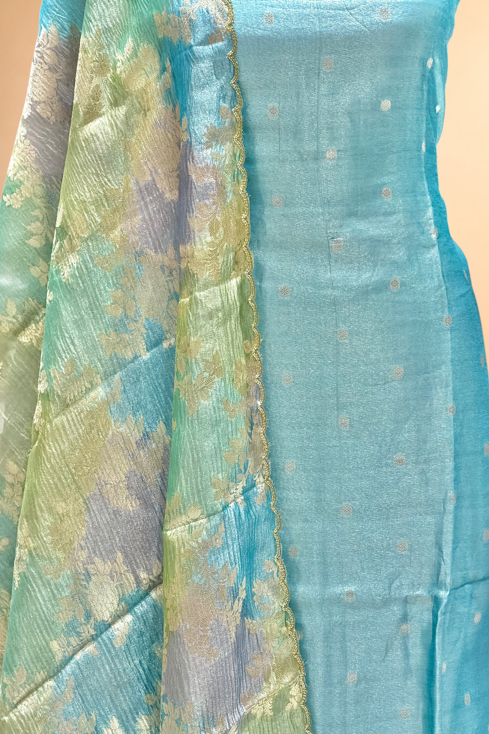 Aqua Blue Tissue Silk Suit Set With Rangkaat Dupatta