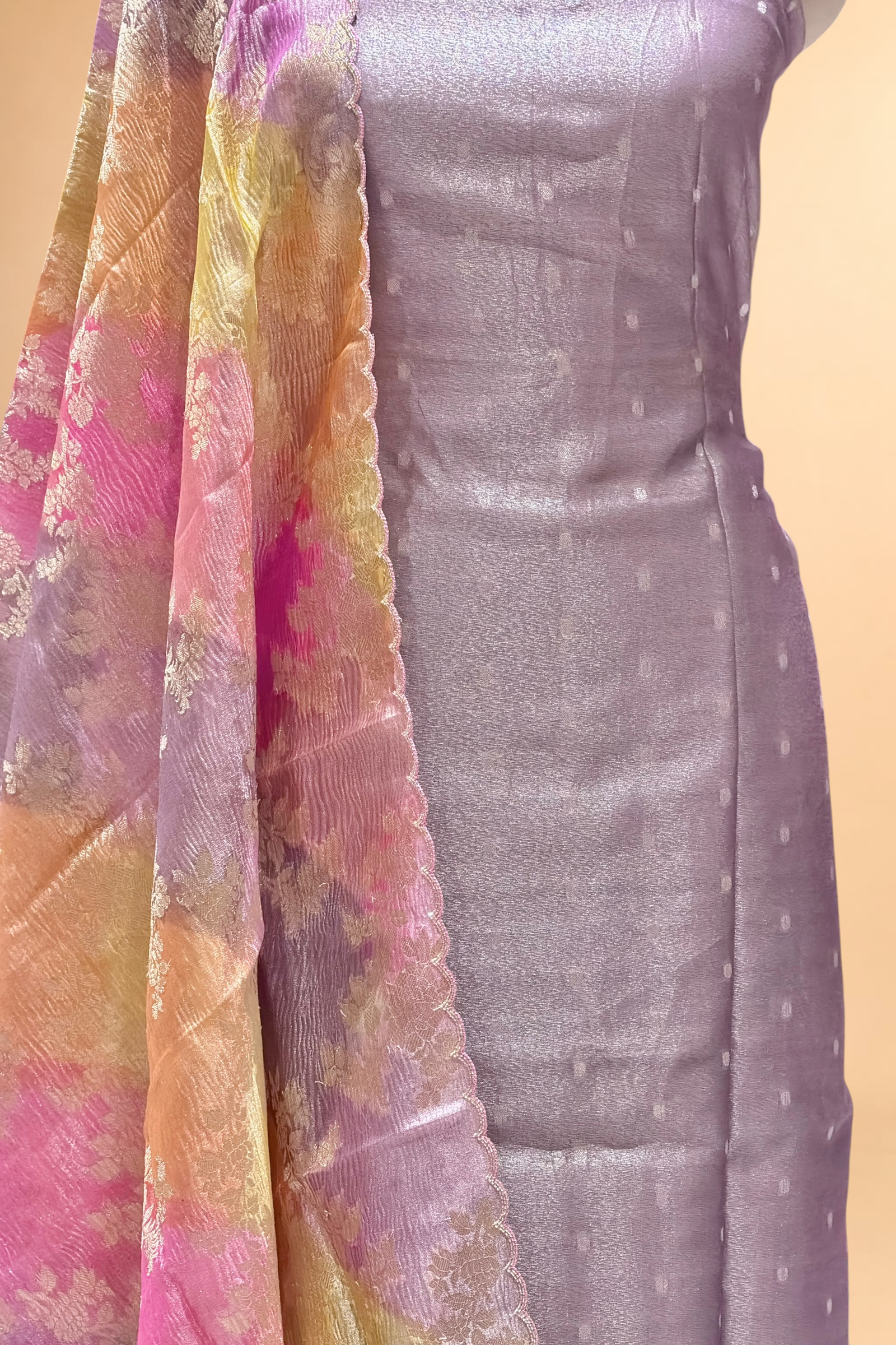Lavender Tissue Silk Suit Set With Rangkaat Dupatta