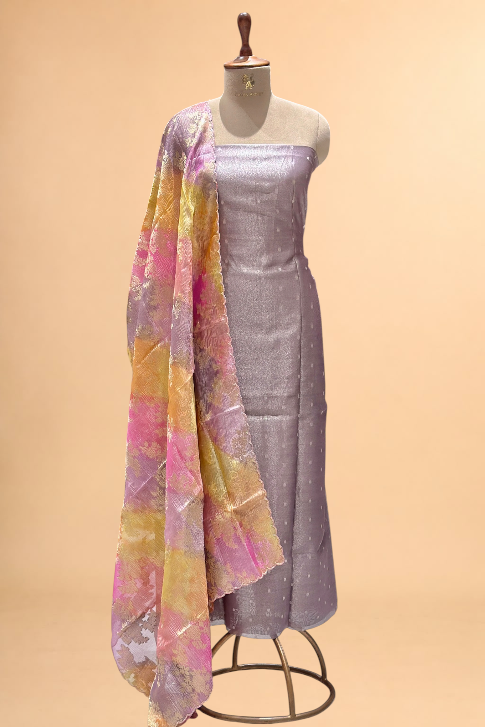 Lavender Tissue Silk Suit Set With Rangkaat Dupatta