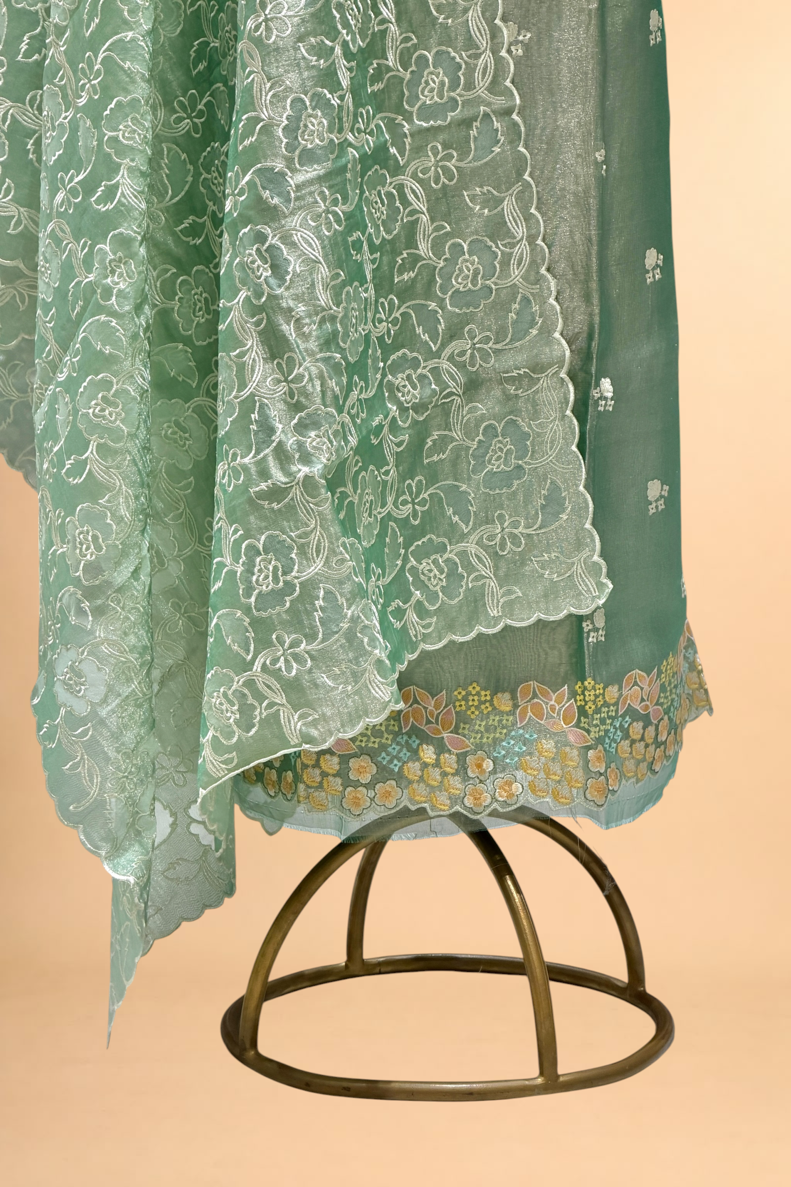 Sage Green Tissue Silk Embroidered Suit Set with Floral Jaal Dupatta