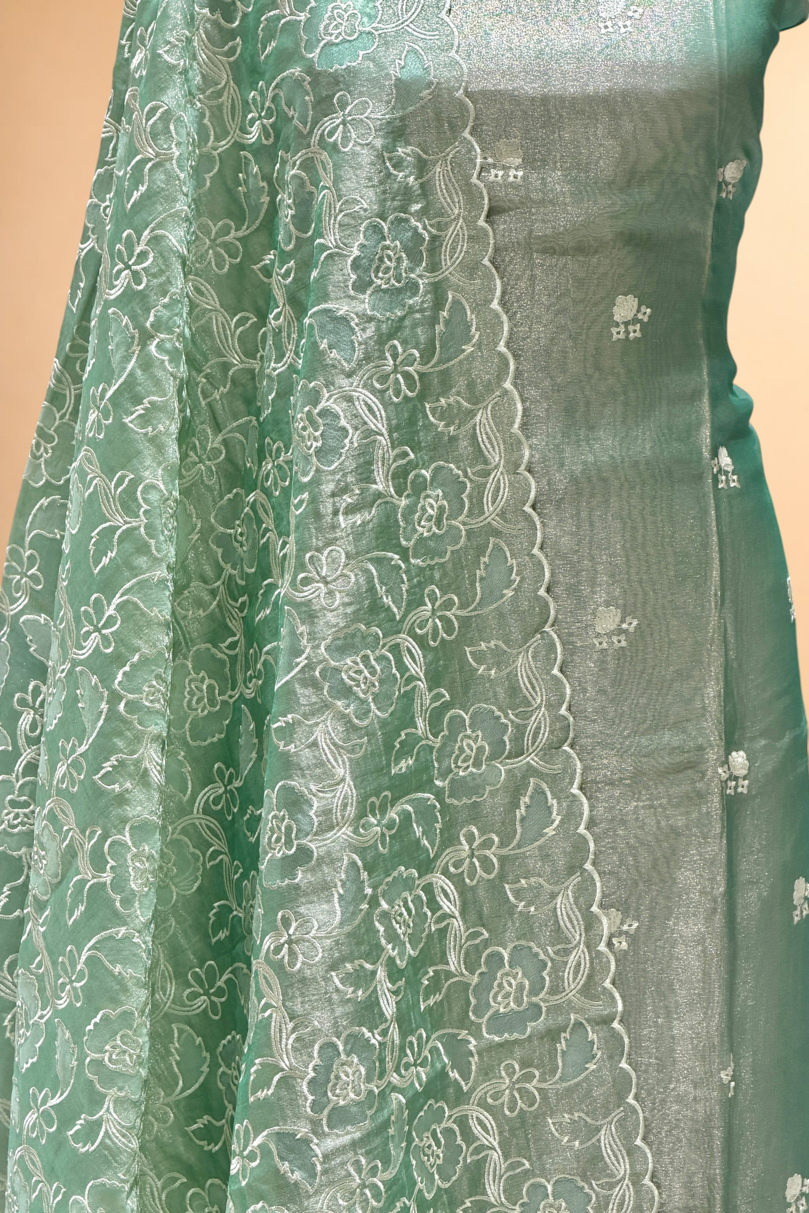 Sage Green Tissue Silk Embroidered Suit Set with Floral Jaal Dupatta