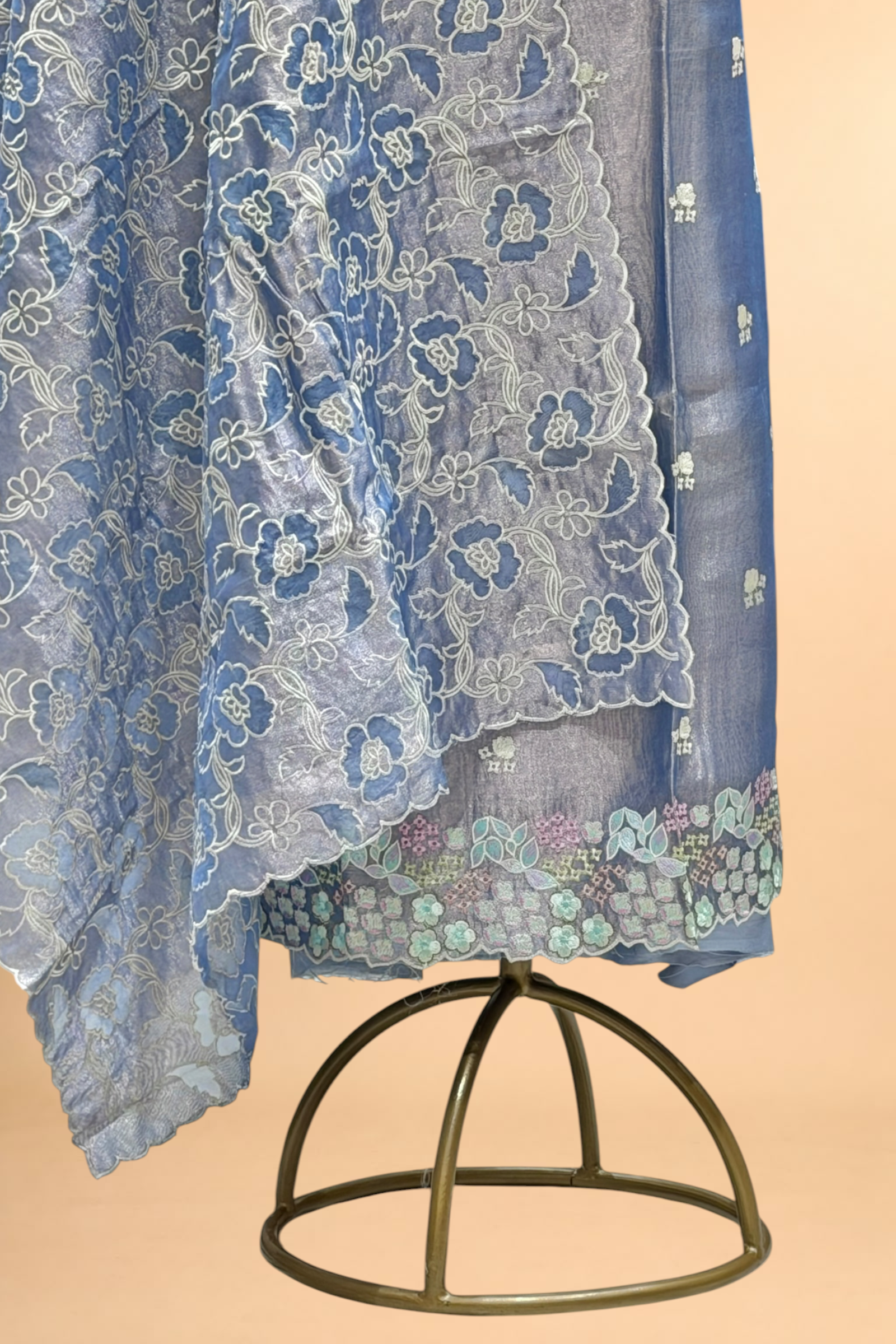 Pastel Blue Tissue Silk Embroidered Suit Set with Floral Jaal Dupatta