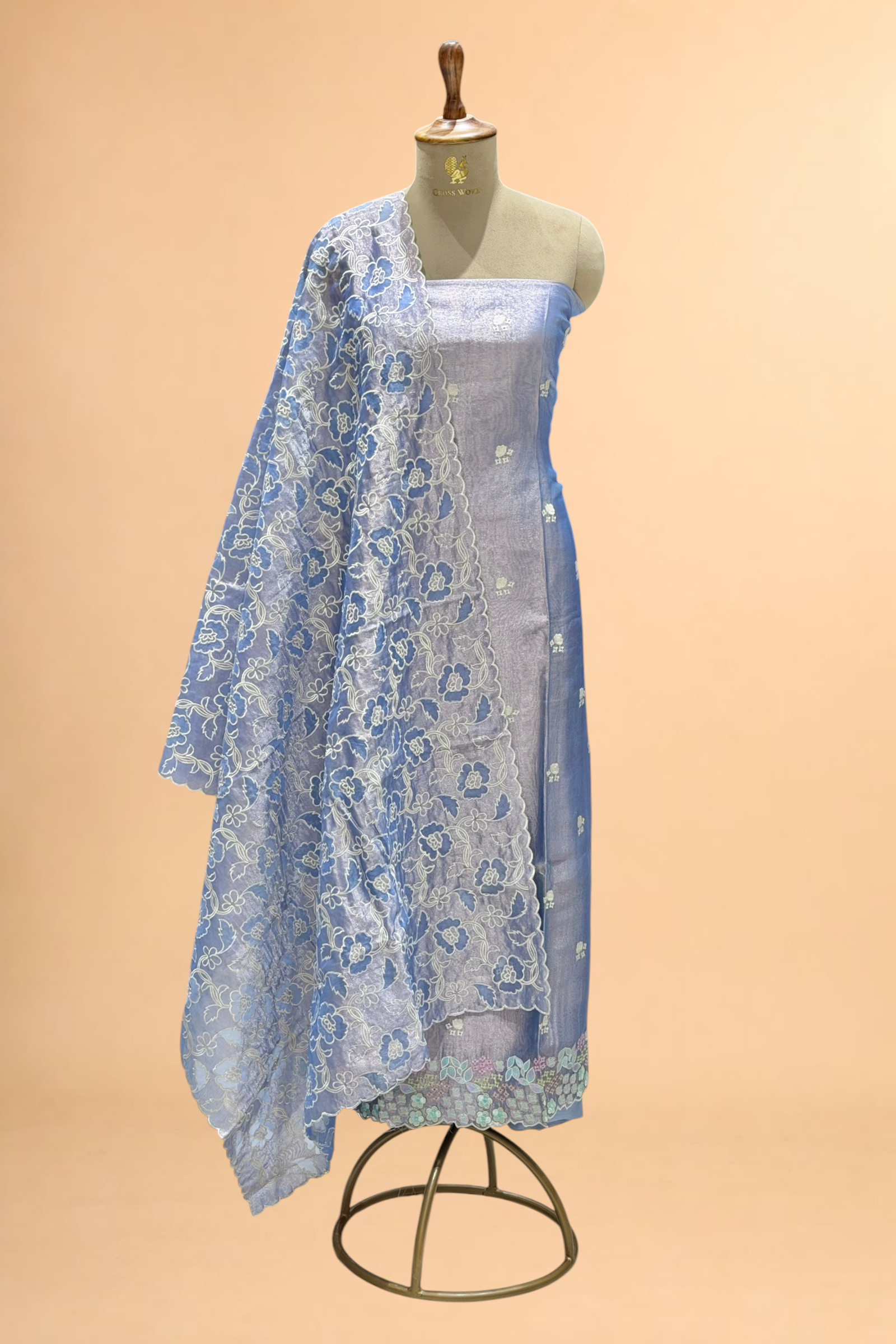 Pastel Blue Tissue Silk Embroidered Suit Set with Floral Jaal Dupatta