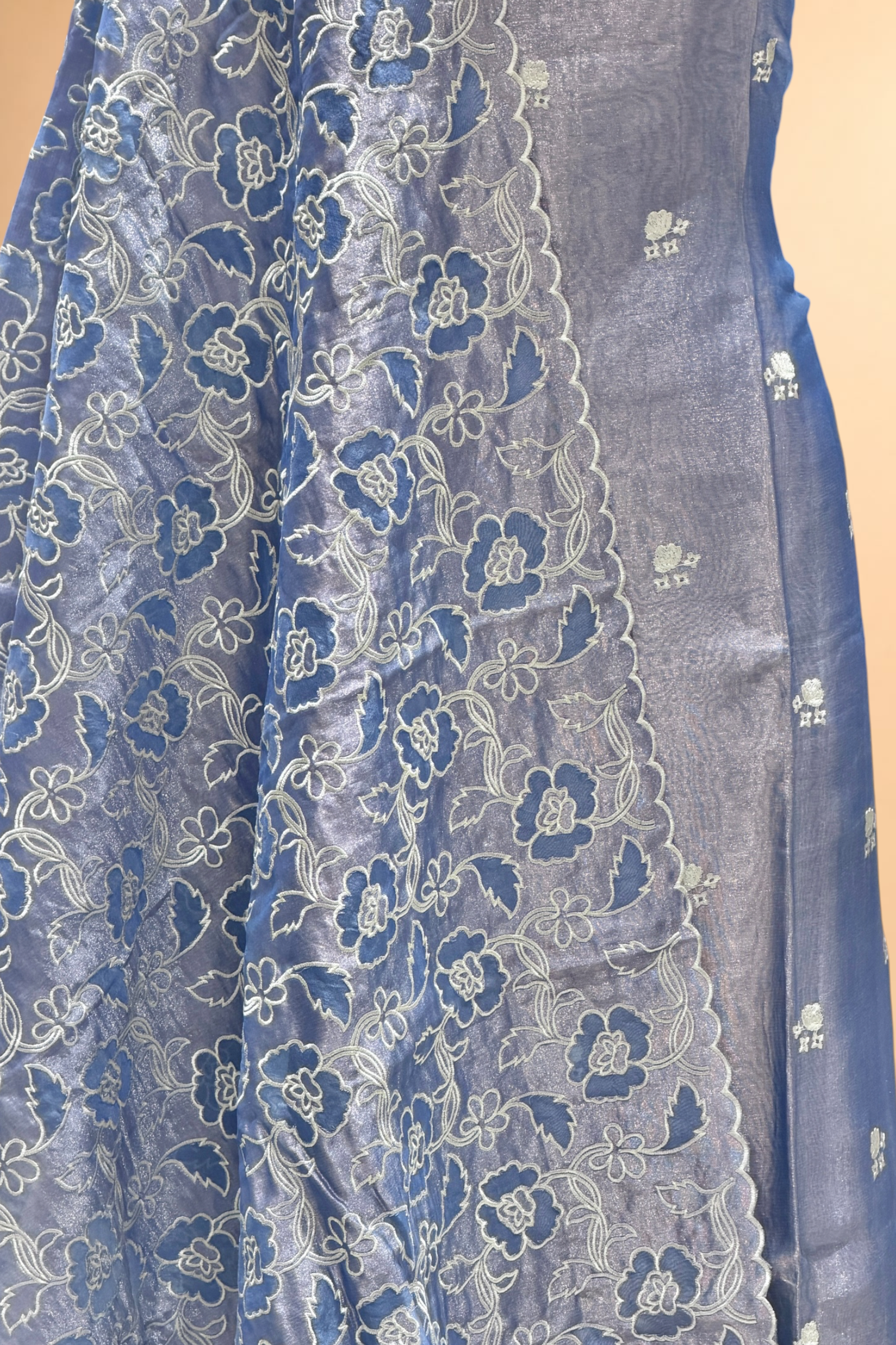 Pastel Blue Tissue Silk Embroidered Suit Set with Floral Jaal Dupatta