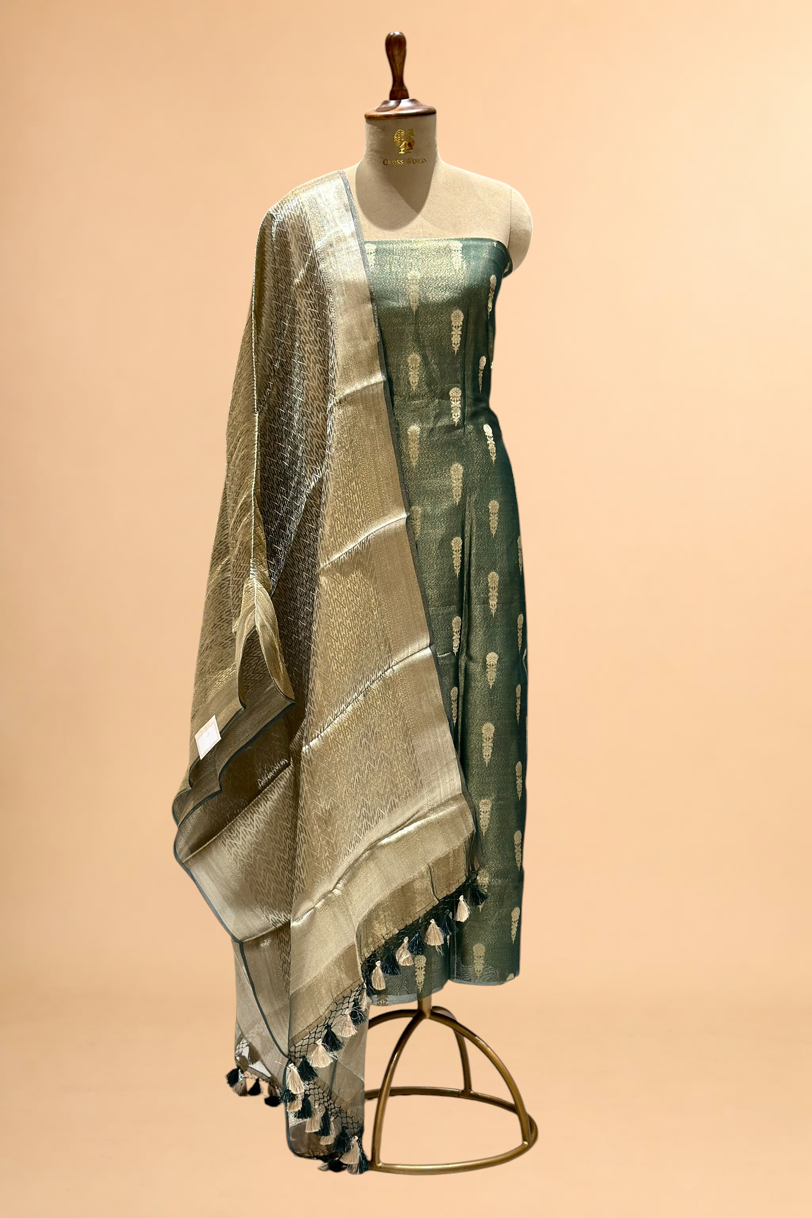 Teal Green Tissue Silk Suit Set with Brocade Dupatta
