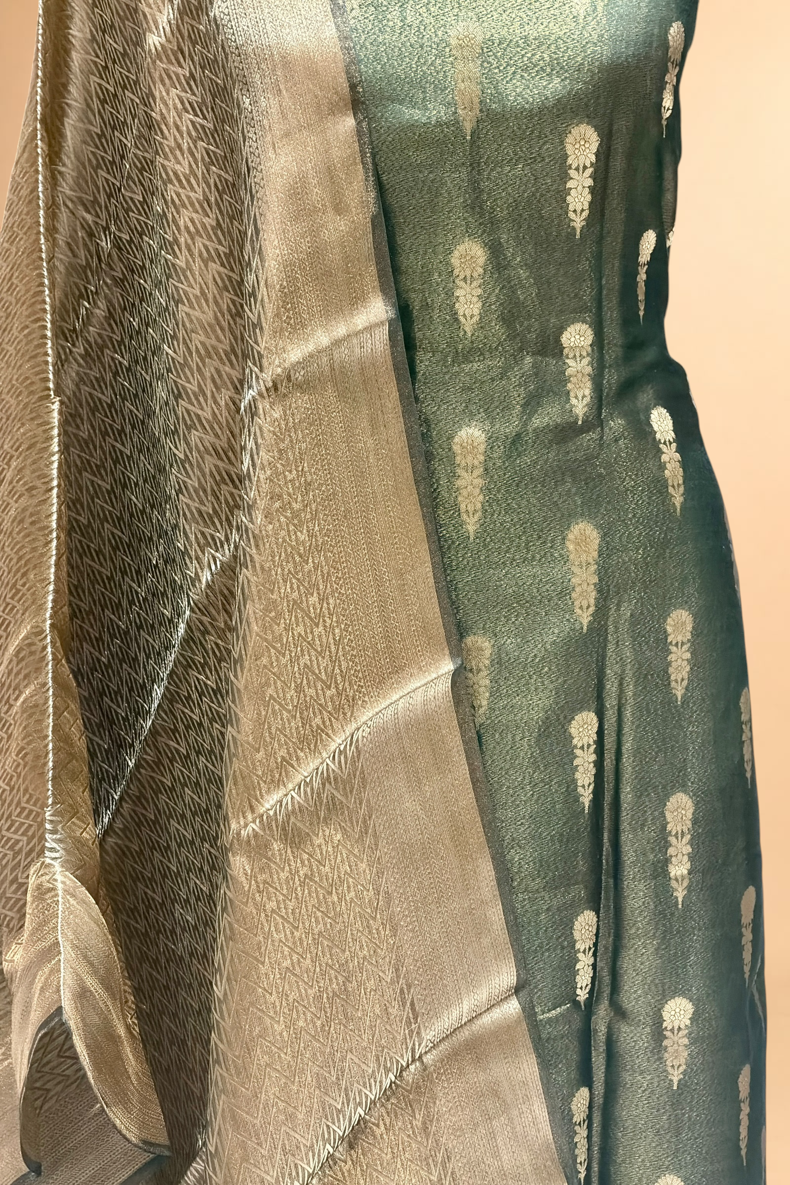 Teal Green Tissue Silk Suit Set with Brocade Dupatta
