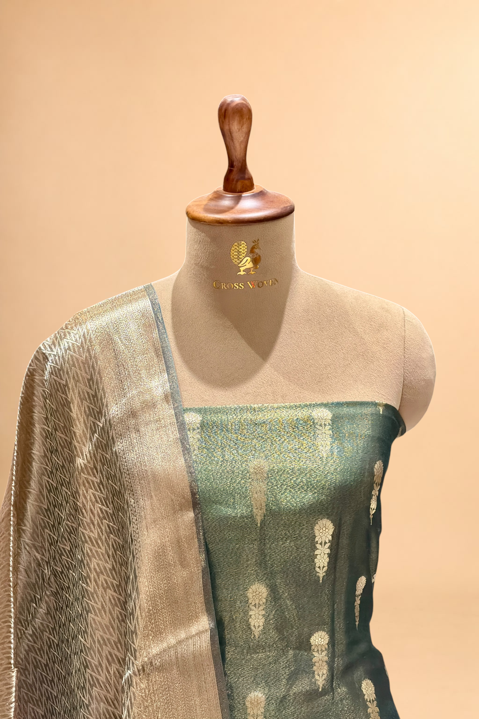 Teal Green Tissue Silk Suit Set with Brocade Dupatta