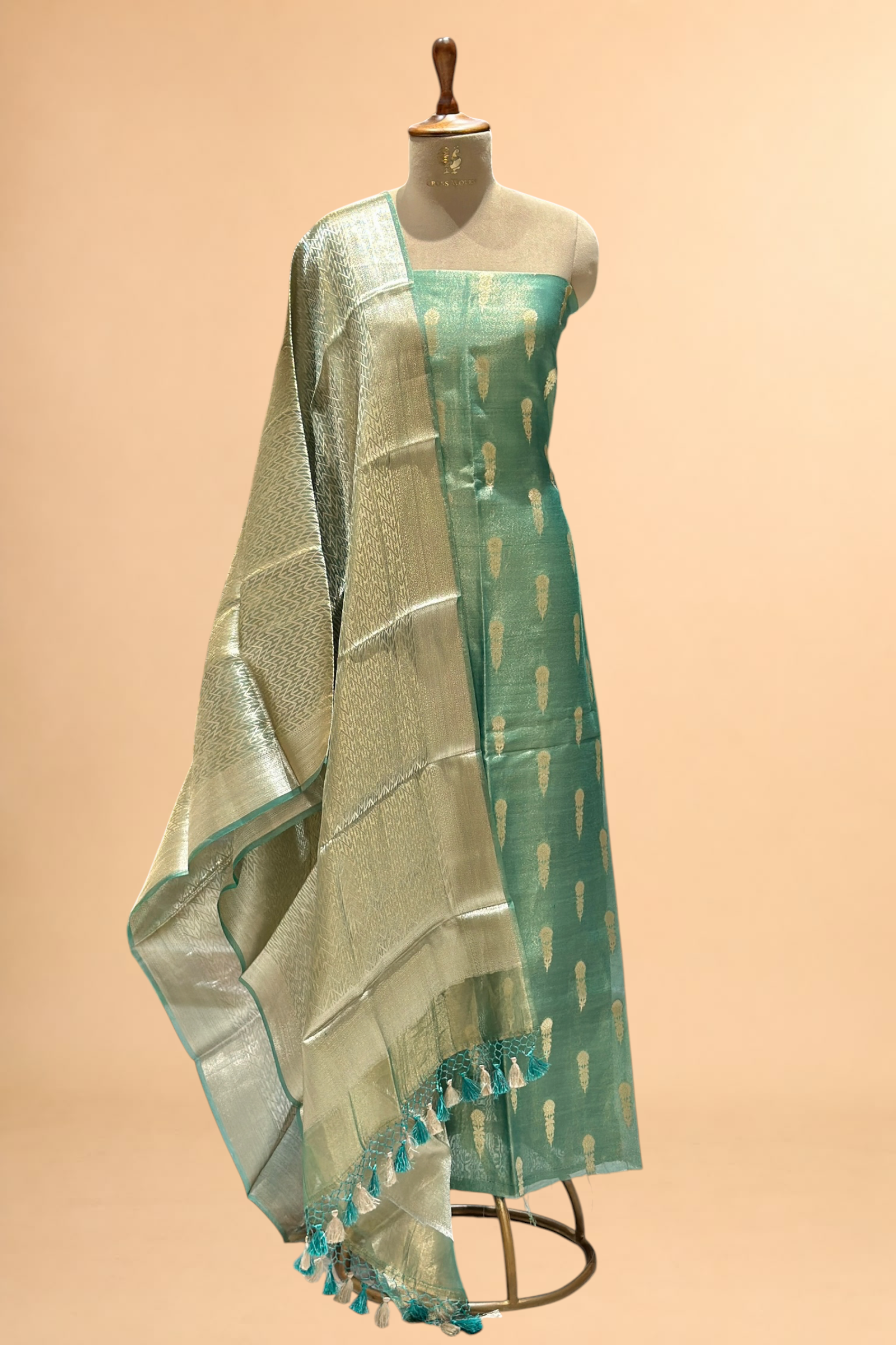 Deep Olive Green Tissue Silk Suit Set with Brocade Dupatta