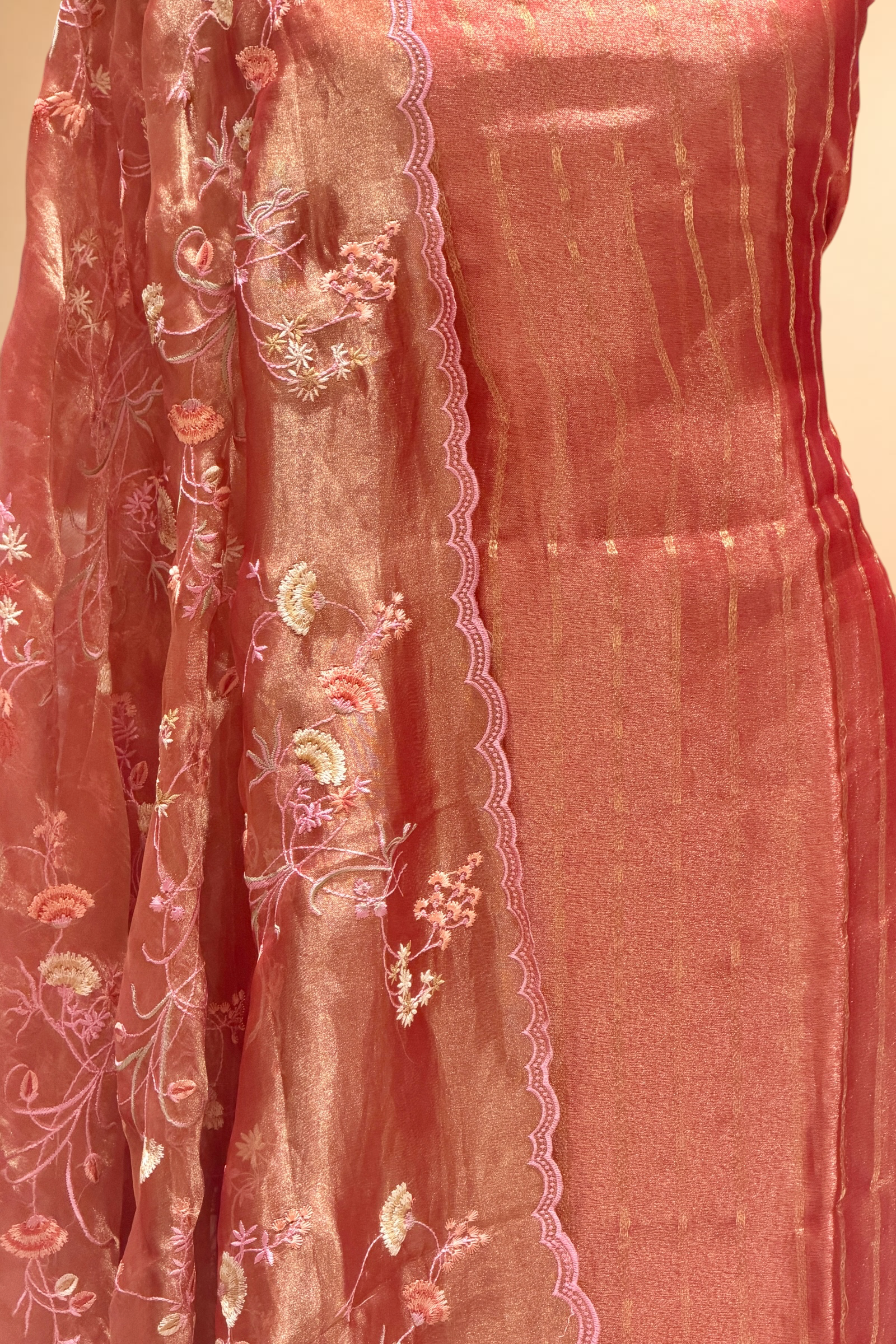 Rust Red Tissue Silk Suit with Floral Jaal Dupatta