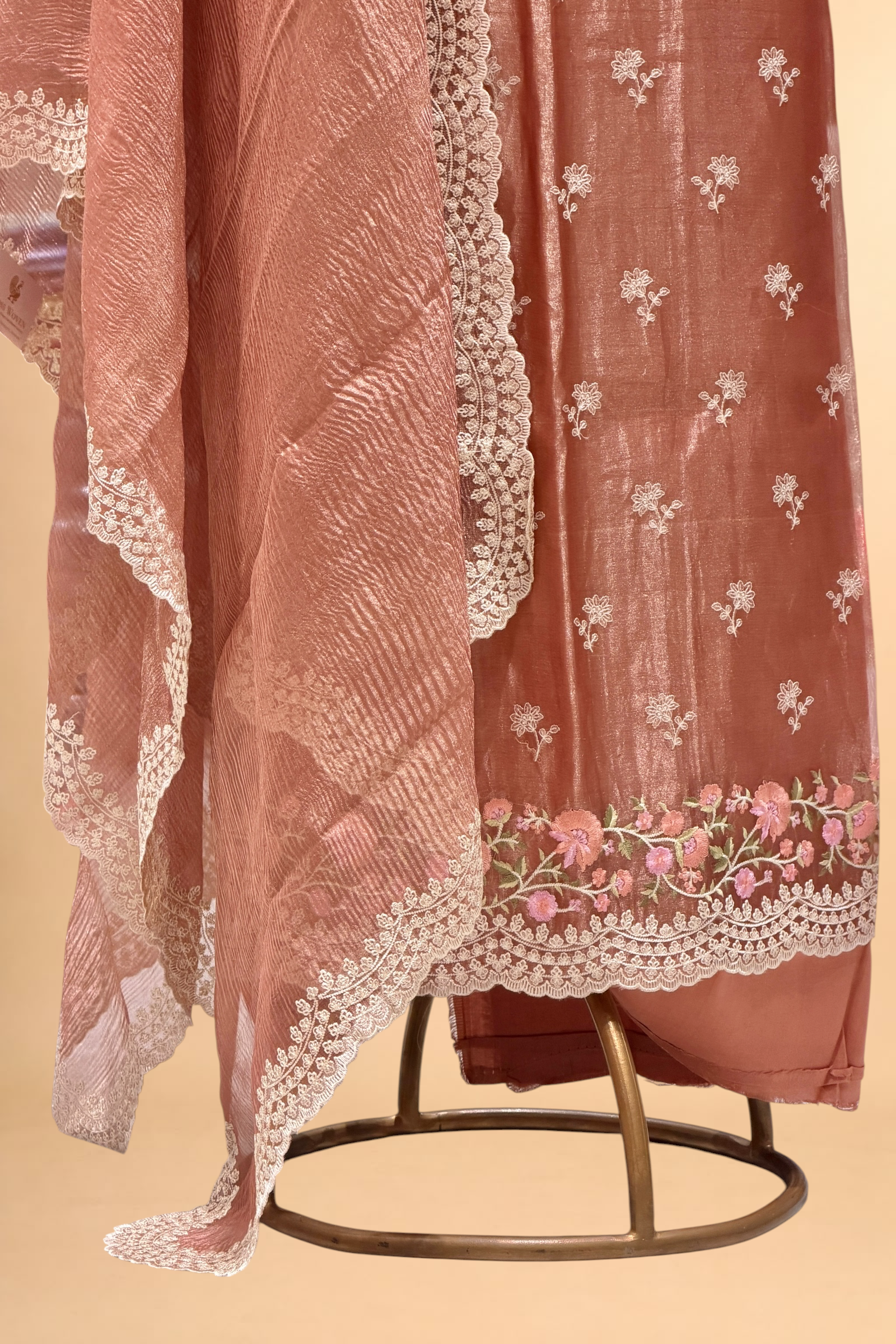 Peach Pink Tissue Silk Suit Set with Crush Tissue Dupatta