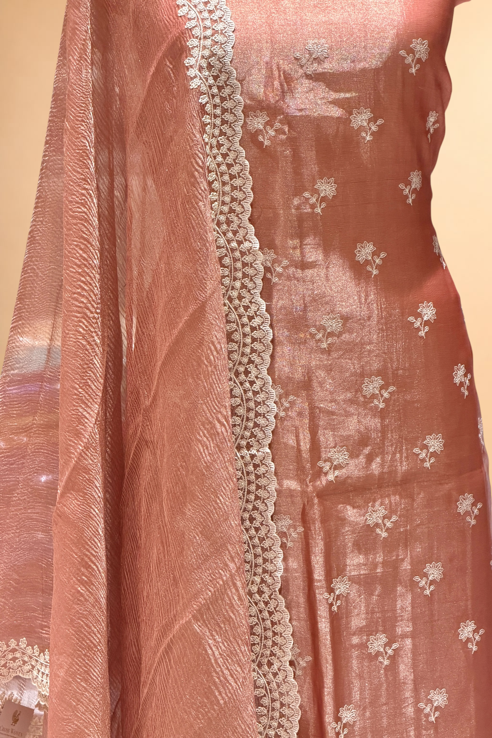 Peach Pink Tissue Silk Suit Set with Crush Tissue Dupatta