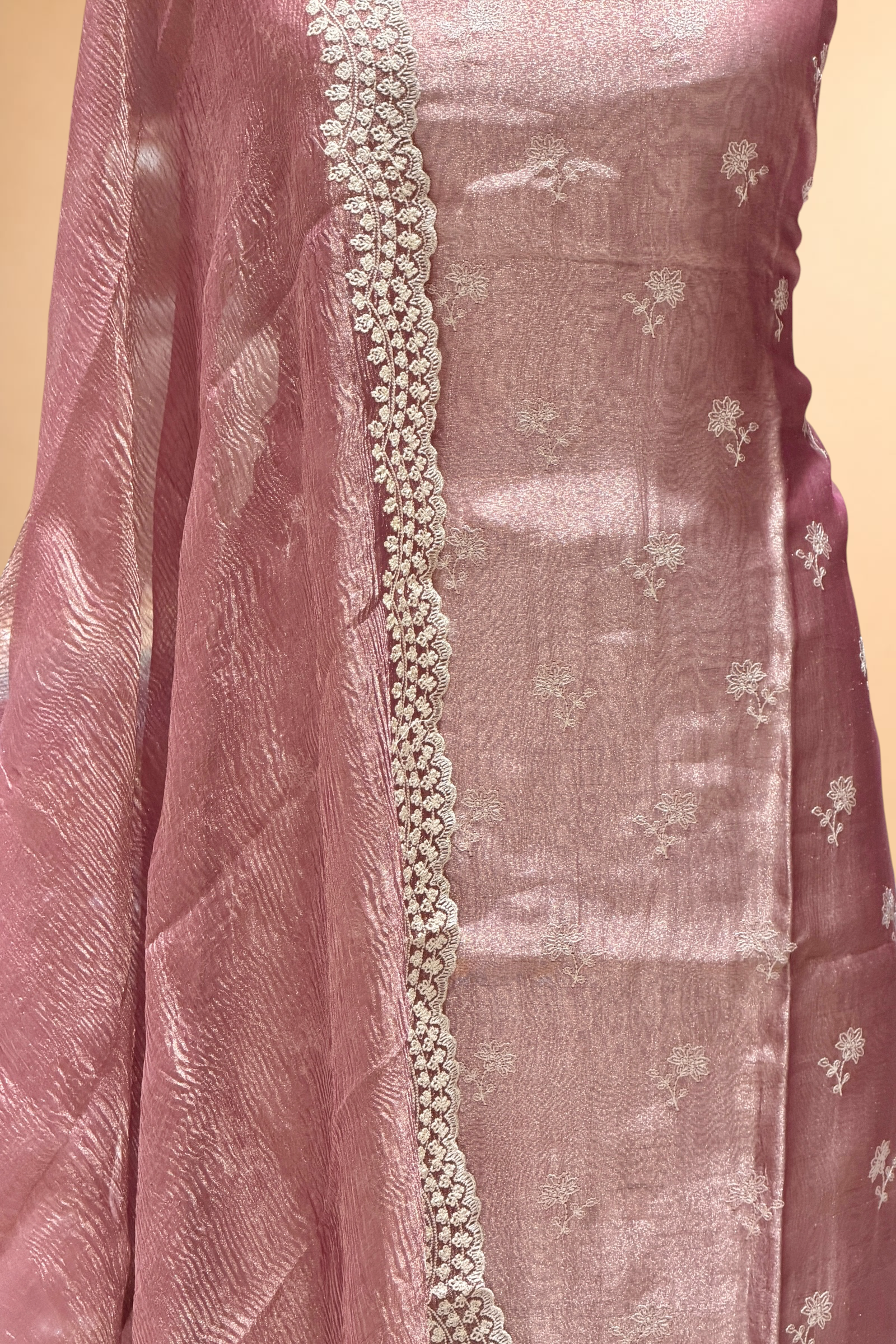 Dusty Pink Tissue Silk Suit Set with Crush Tissue Dupatta