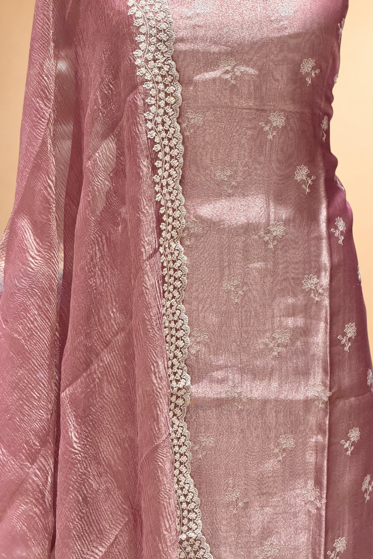 Dusty Pink Tissue Silk Suit Set with Crushed Tissue Dupatta