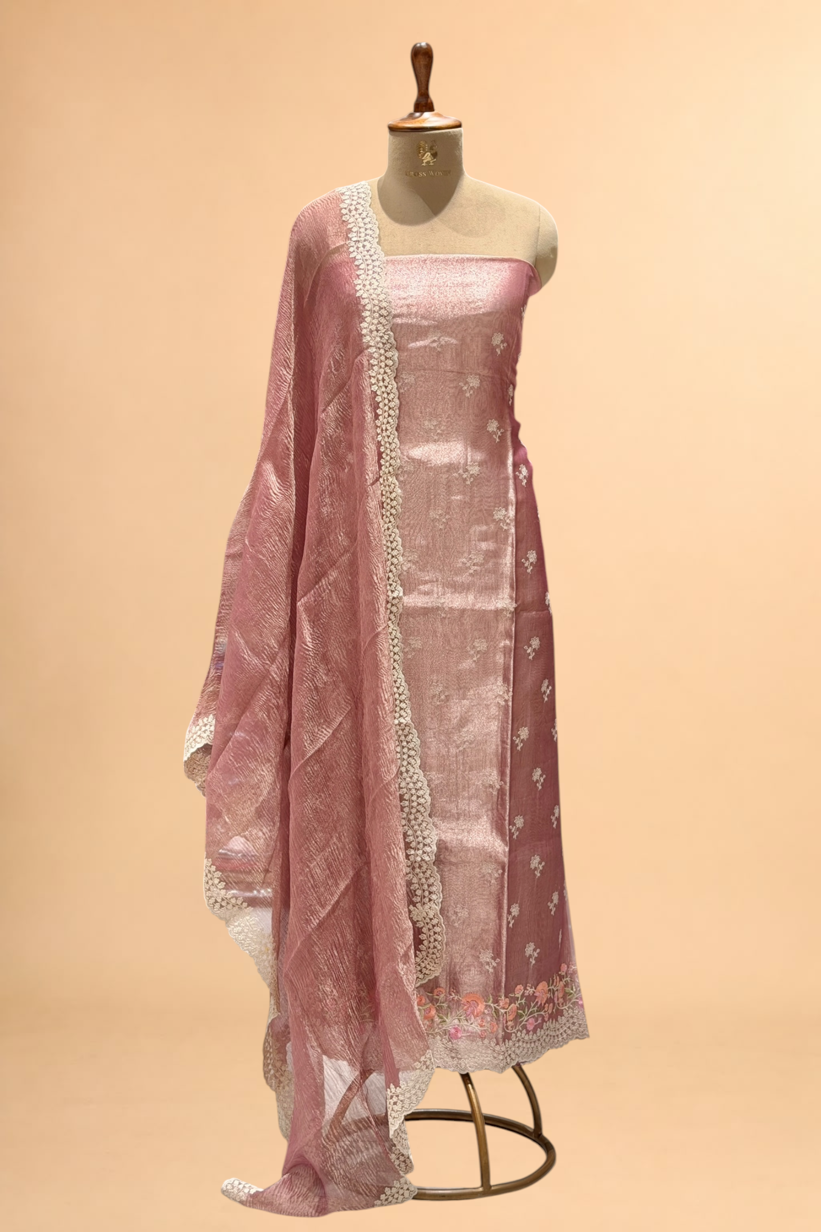 Dusty Pink Tissue Silk Suit Set with Crush Tissue Dupatta