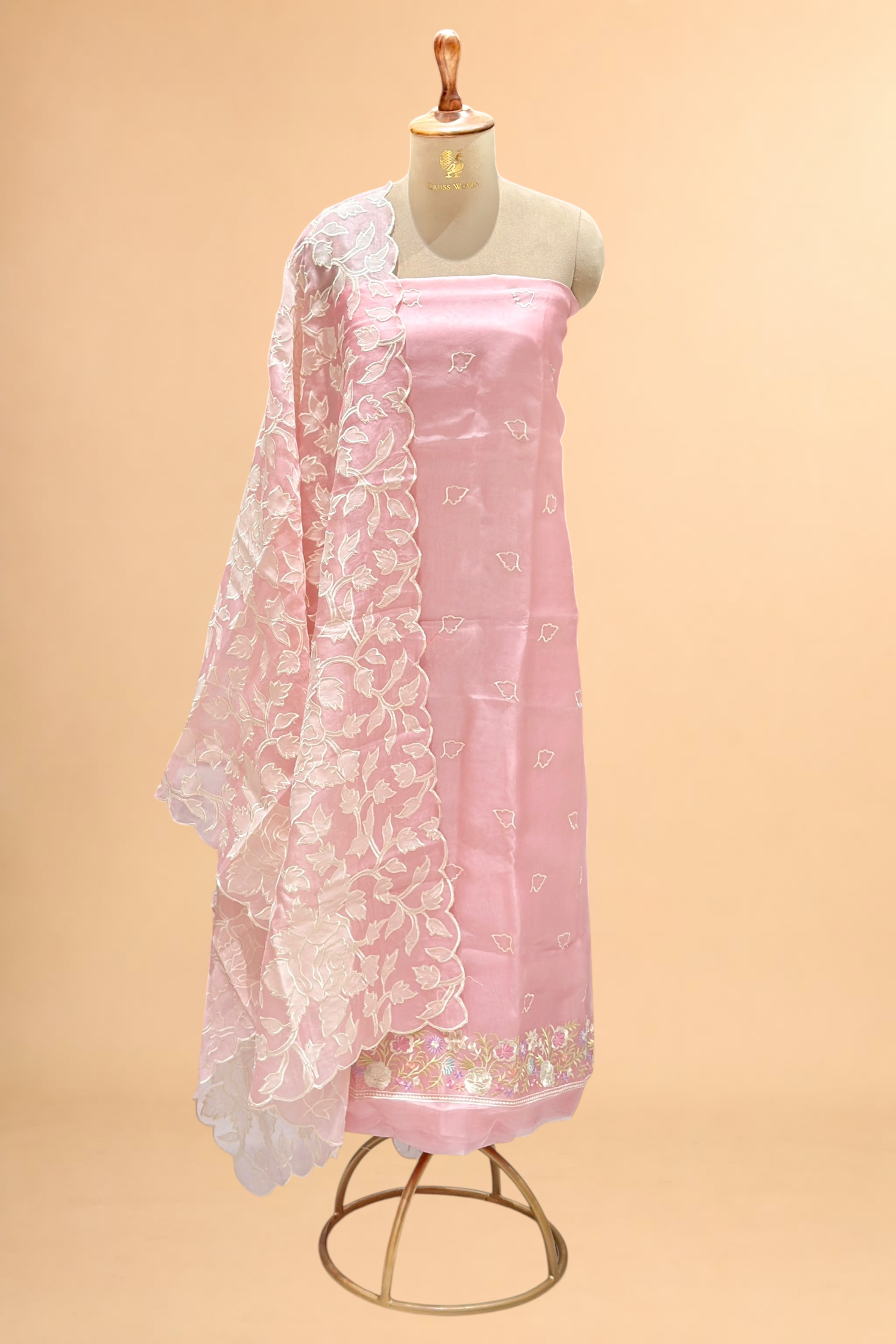 Pastel Pink Organza Silk Suit Set With Appliqué Dupatta
