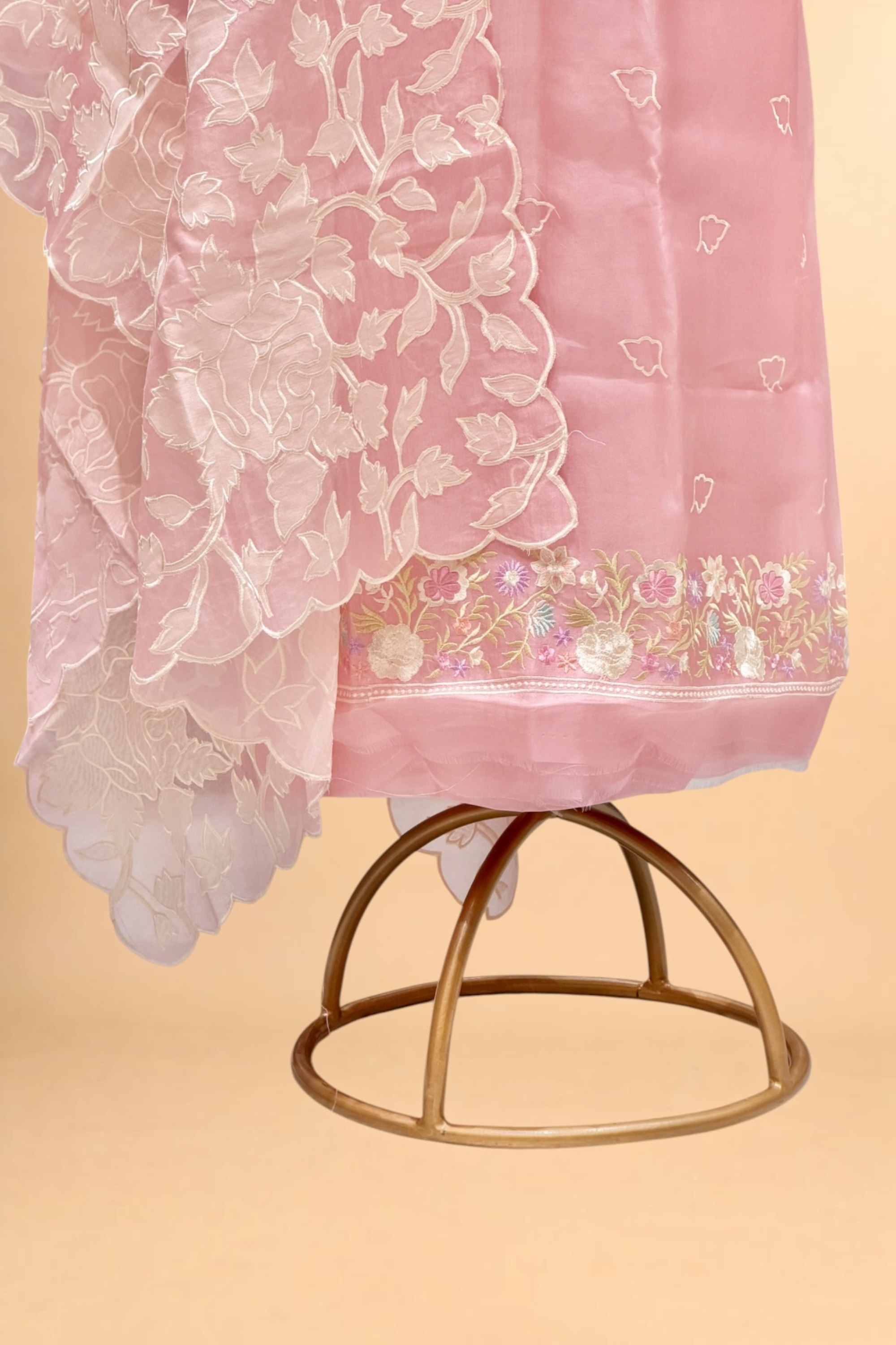 Pastel Pink Organza Silk Suit Set With Appliqué Dupatta