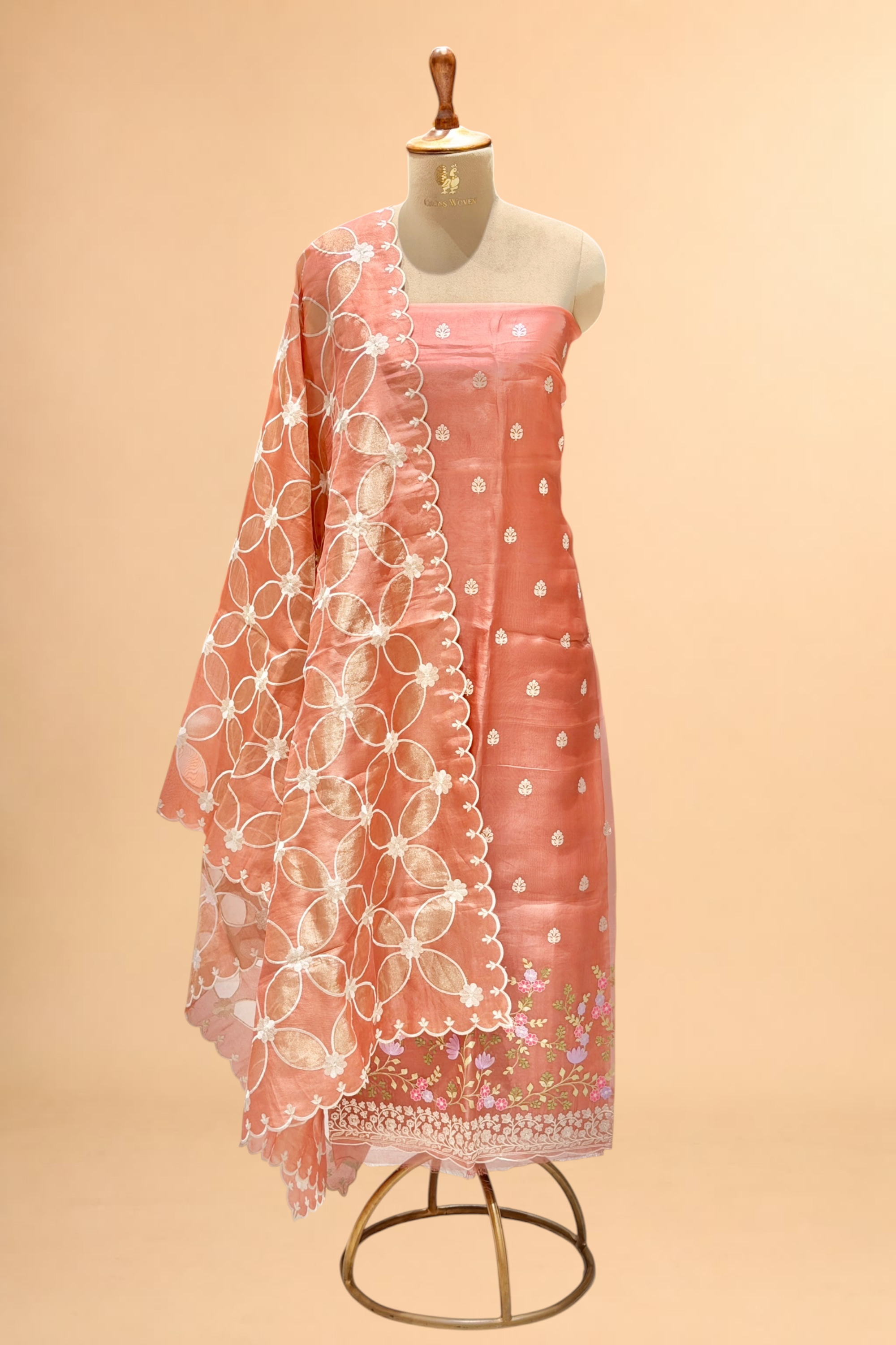 Coral Pink Organza Silk Suit Set With Tissue Appliqué Dupatta
