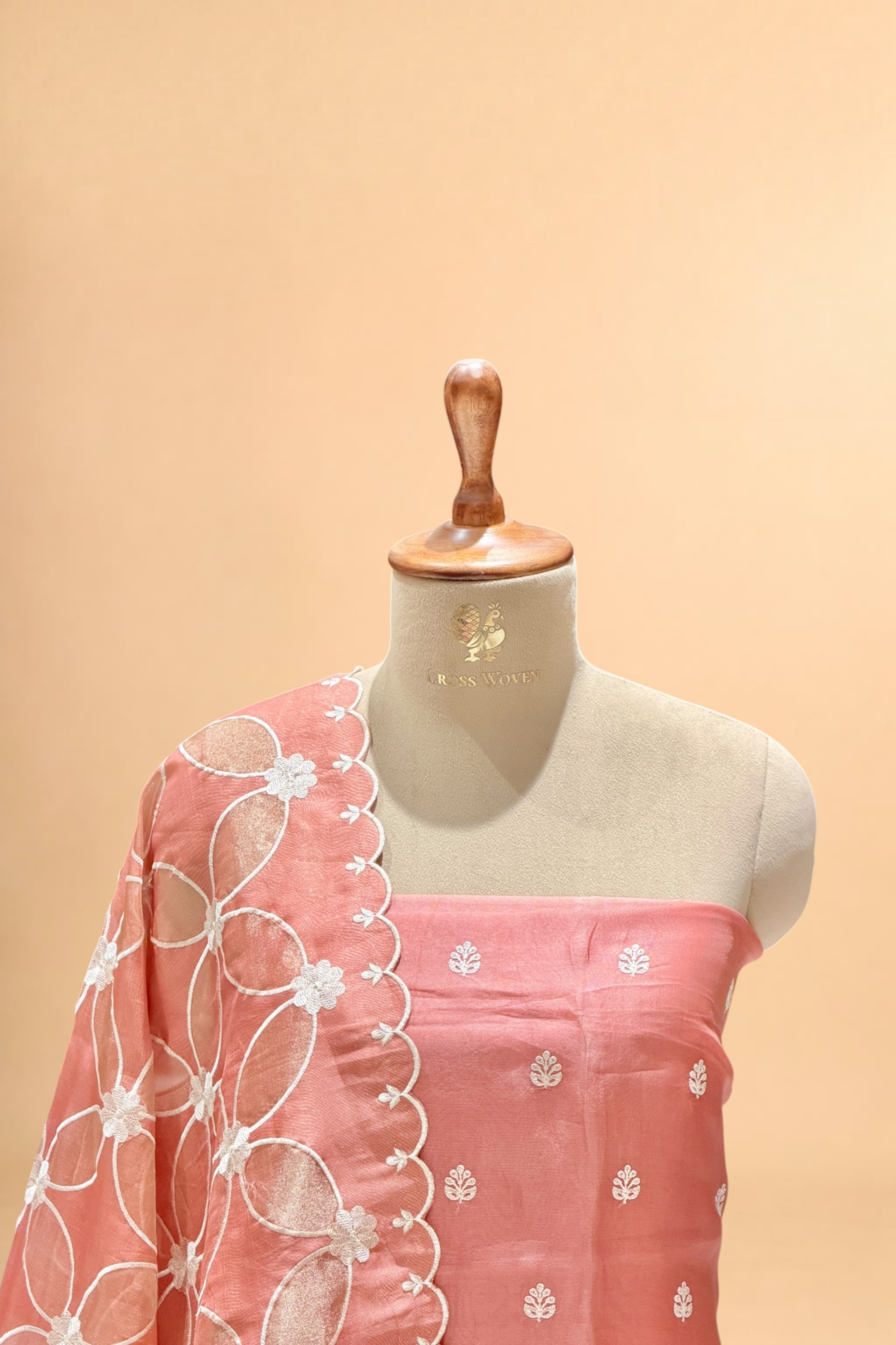 Coral Pink Organza Silk Suit Set With Tissue Appliqué Dupatta