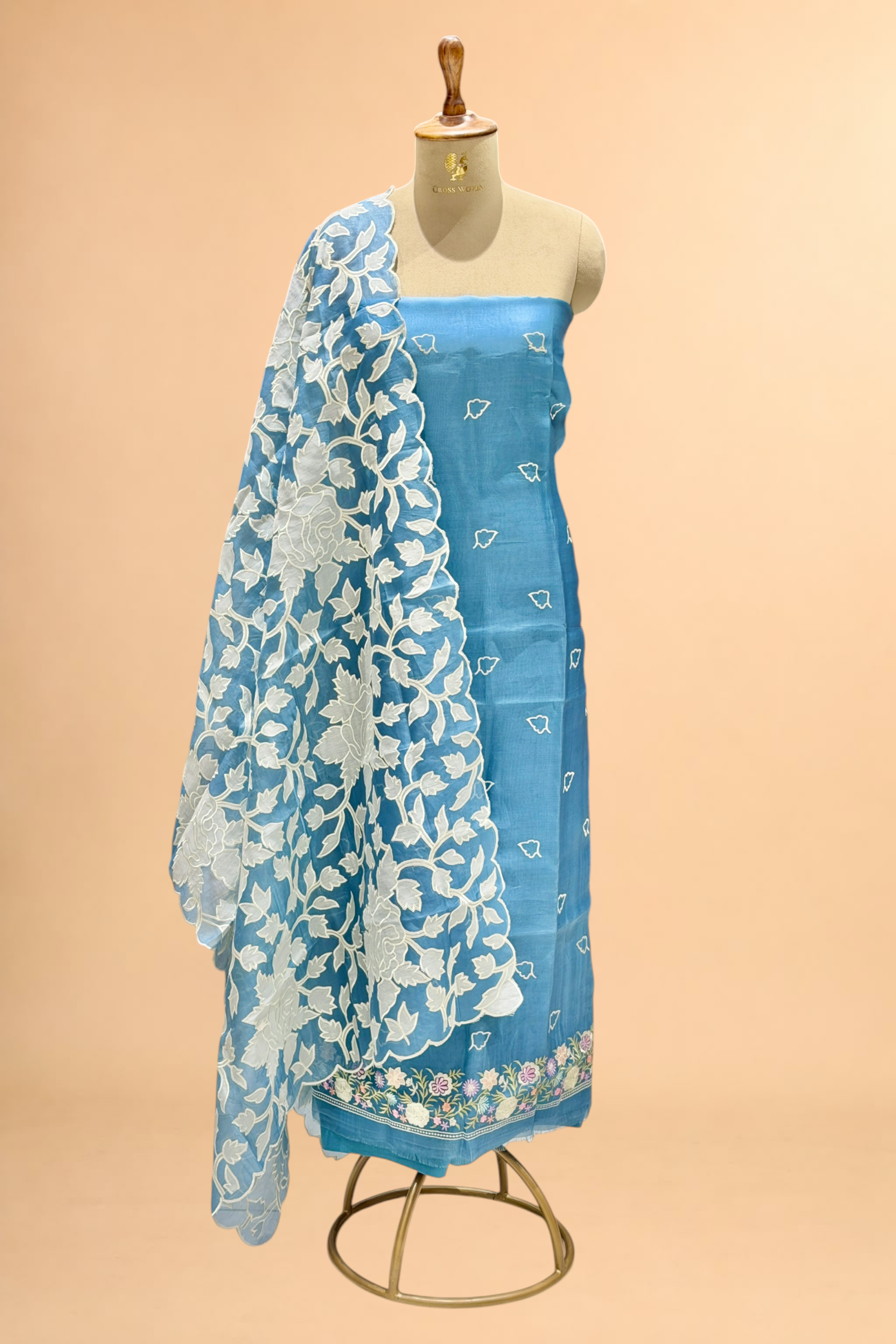 Dusty Blue Organza Silk Suit Set With Appliqué Dupatta