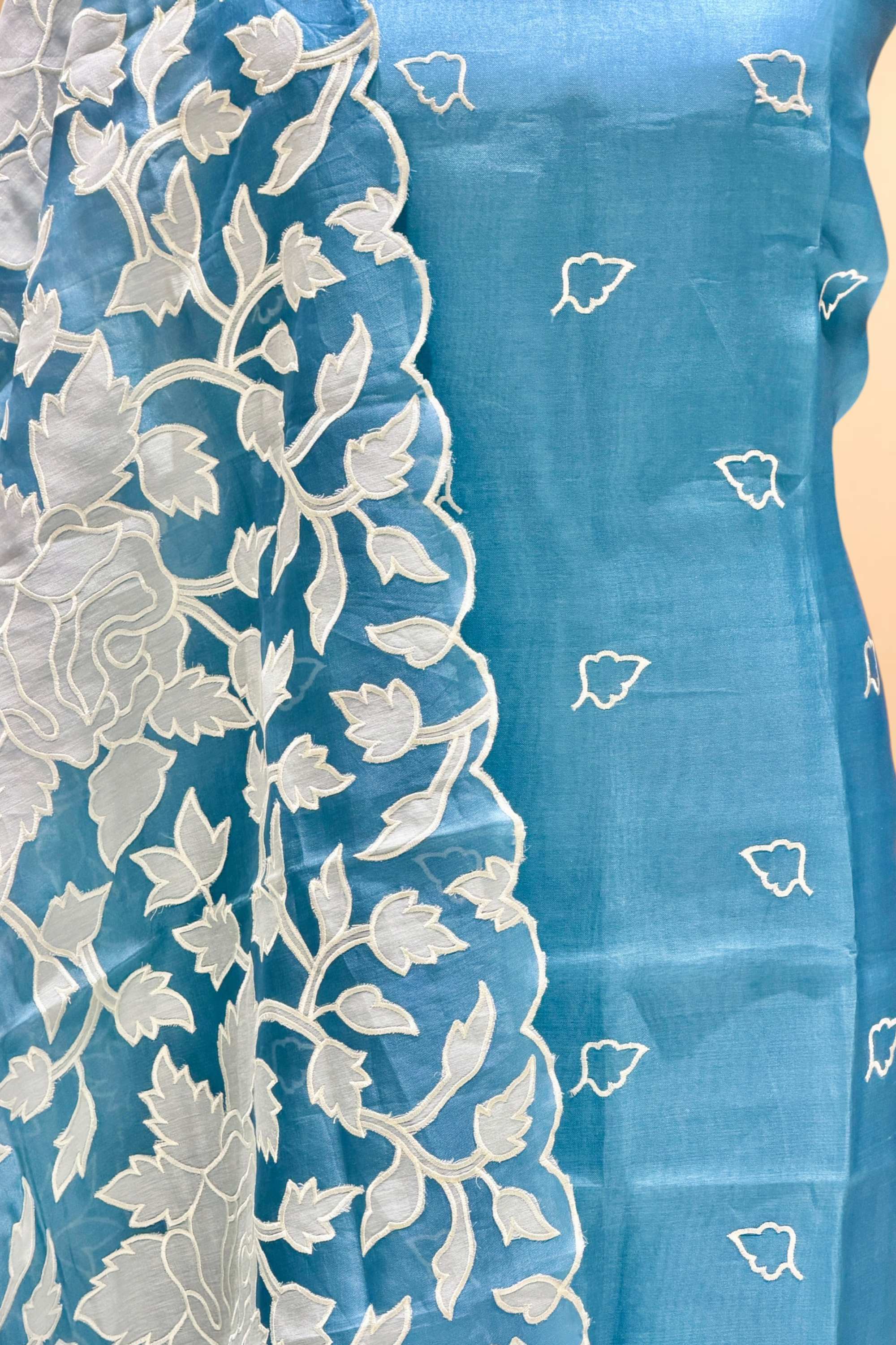 Dusty Blue Organza Silk Suit Set With Appliqué Dupatta