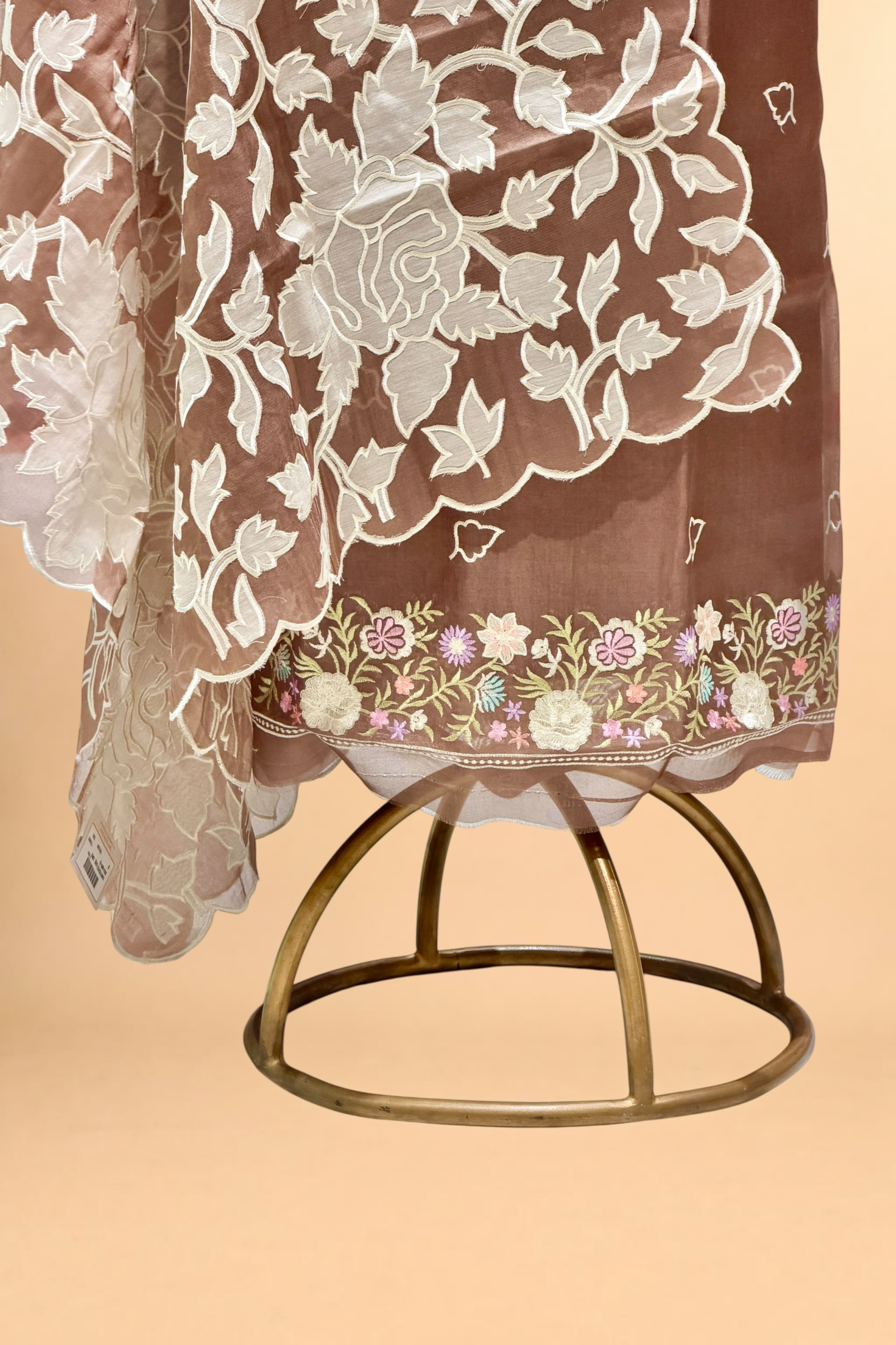 Mocha Brown Organza Silk Suit Set With Appliqué Dupatta