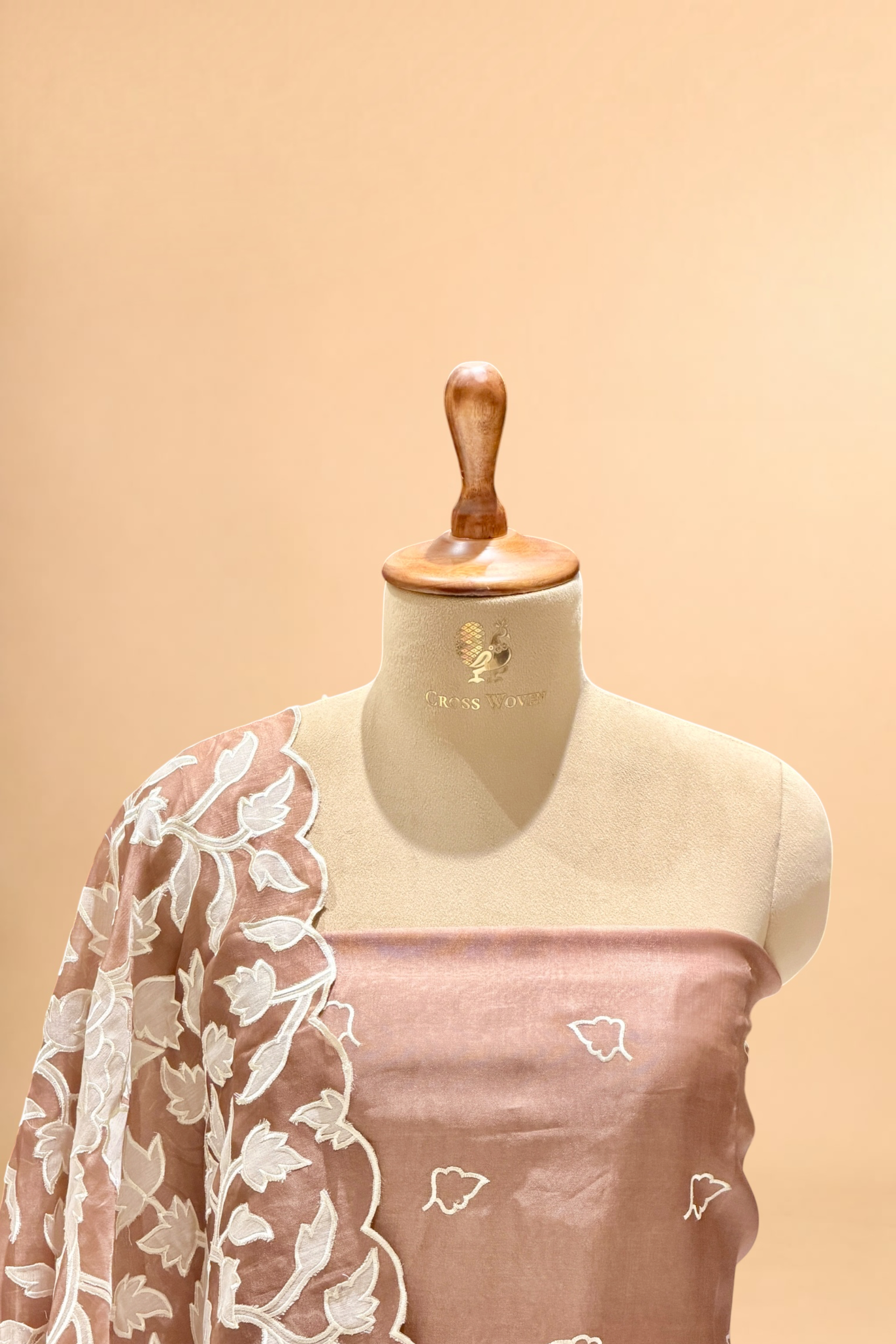 Mocha Brown Organza Silk Suit Set With Appliqué Dupatta