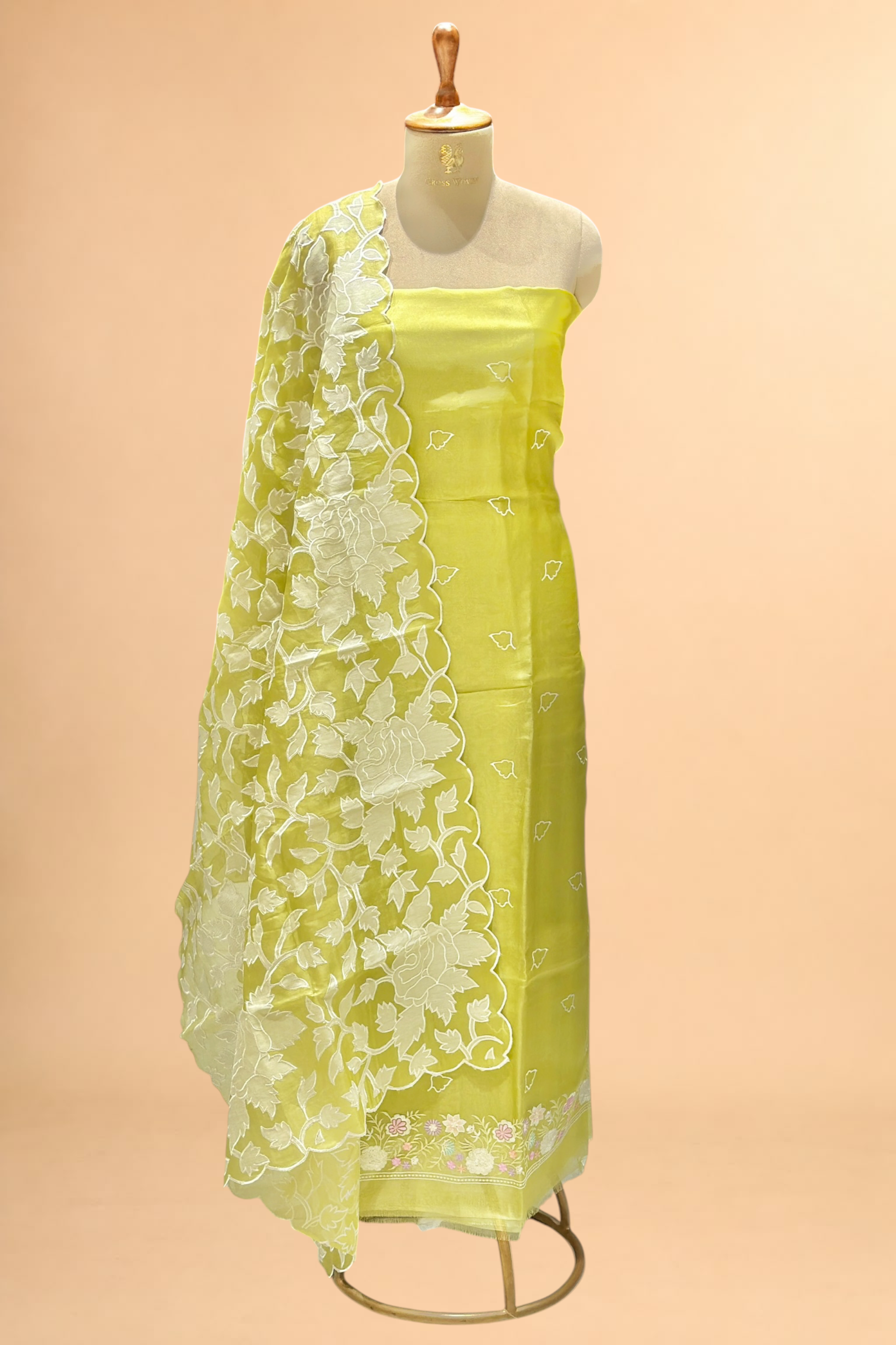 Lime Green Organza Silk Suit Set With Appliqué Dupatta