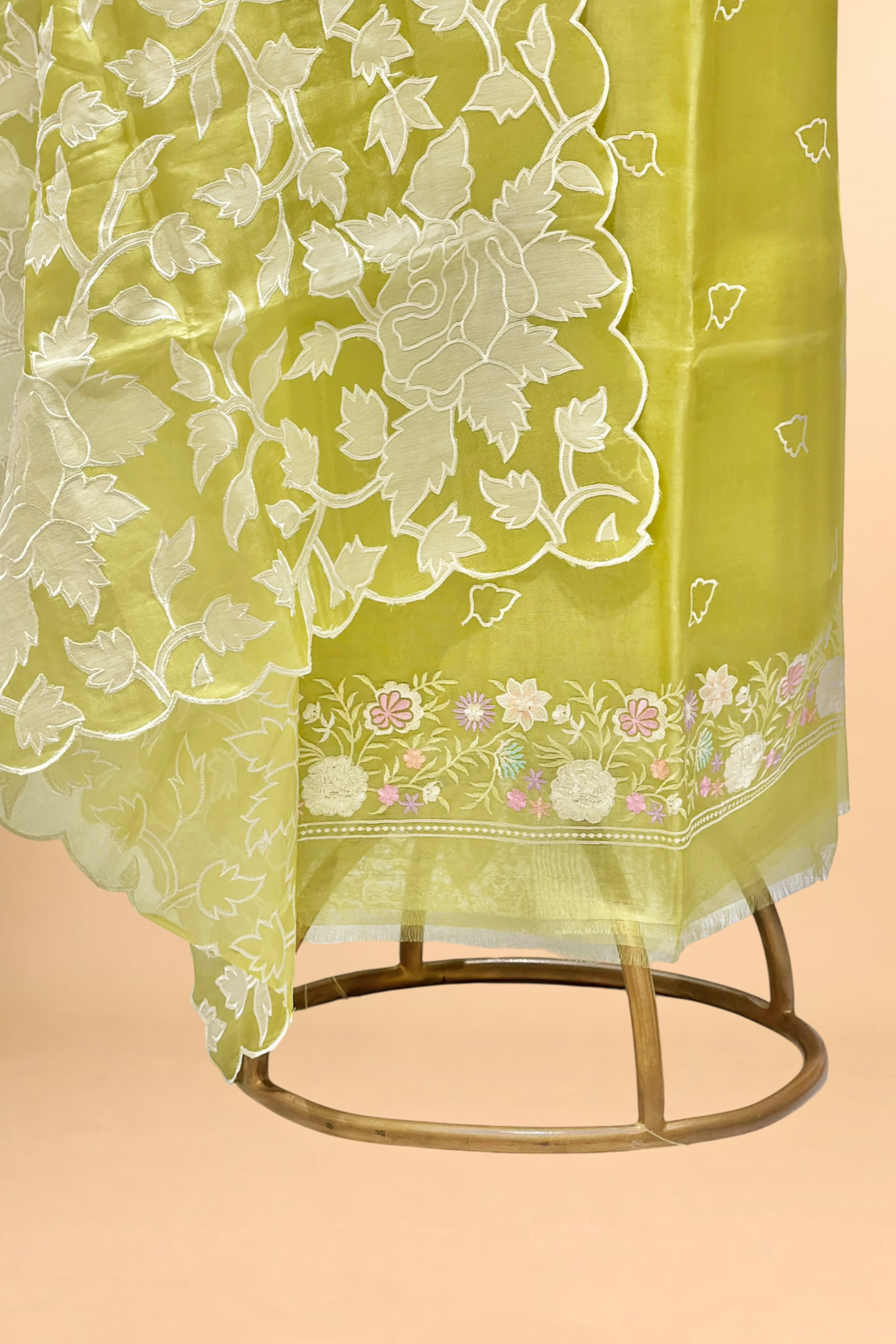 Lime Green Organza Silk Suit Set With Appliqué Dupatta