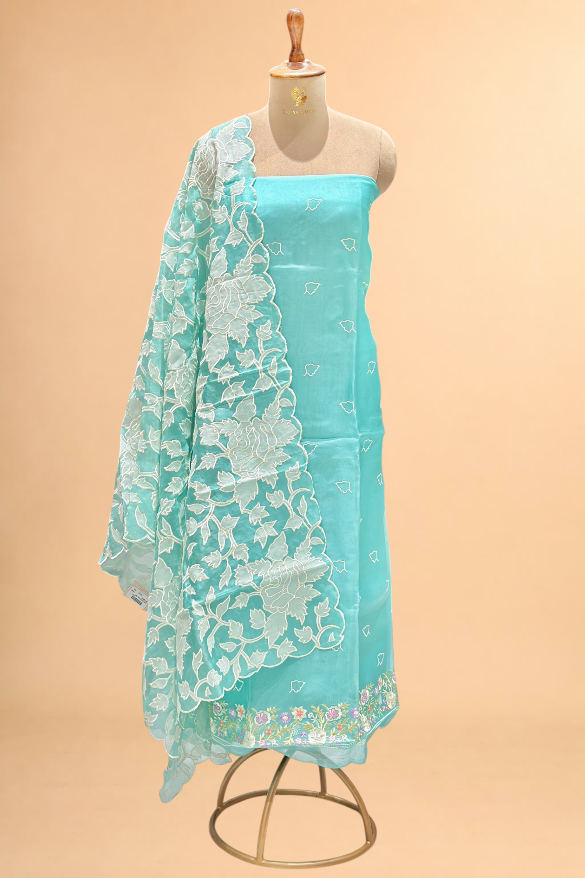 Aqua Blue Organza Silk Suit Set With Appliqué Dupatta