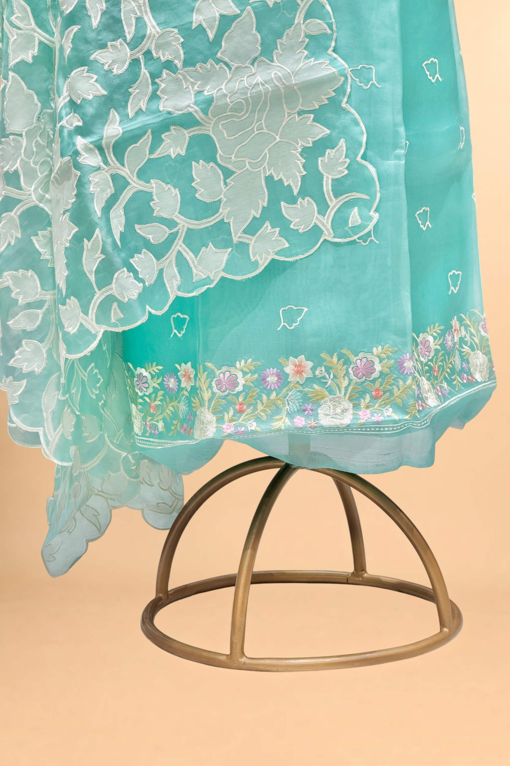 Aqua Blue Organza Silk Suit Set With Appliqué Dupatta