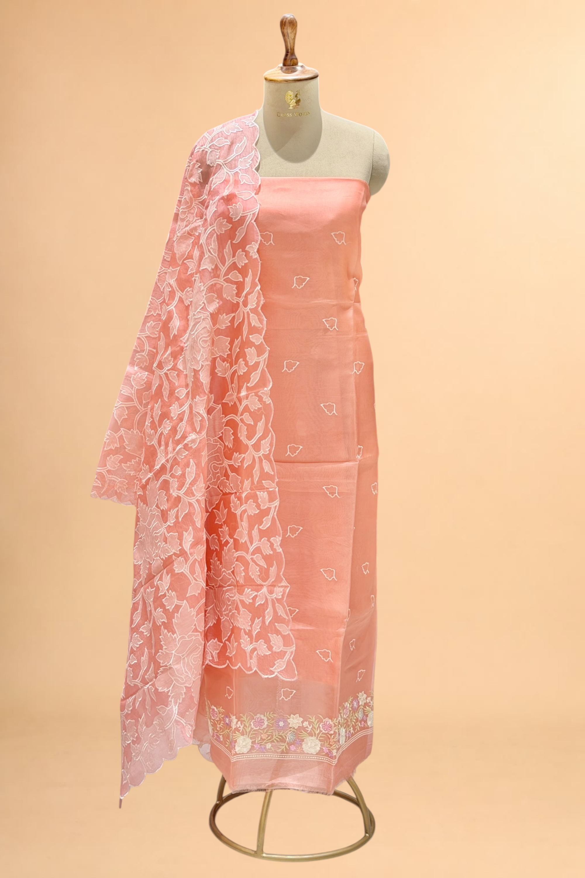 Peach Pink Organza Silk Suit Set With Appliqué Dupatta