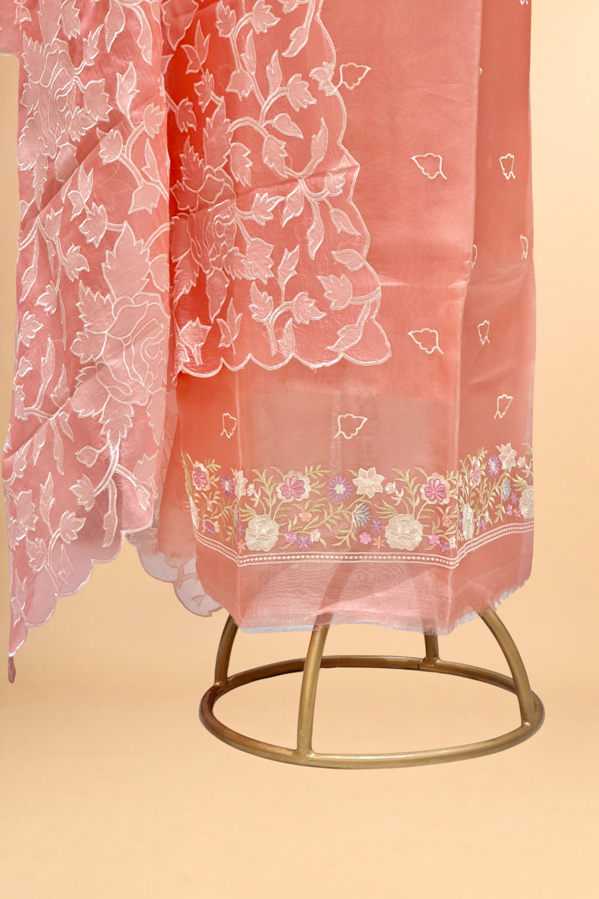 Peach Pink Organza Silk Suit Set With Appliqué Dupatta
