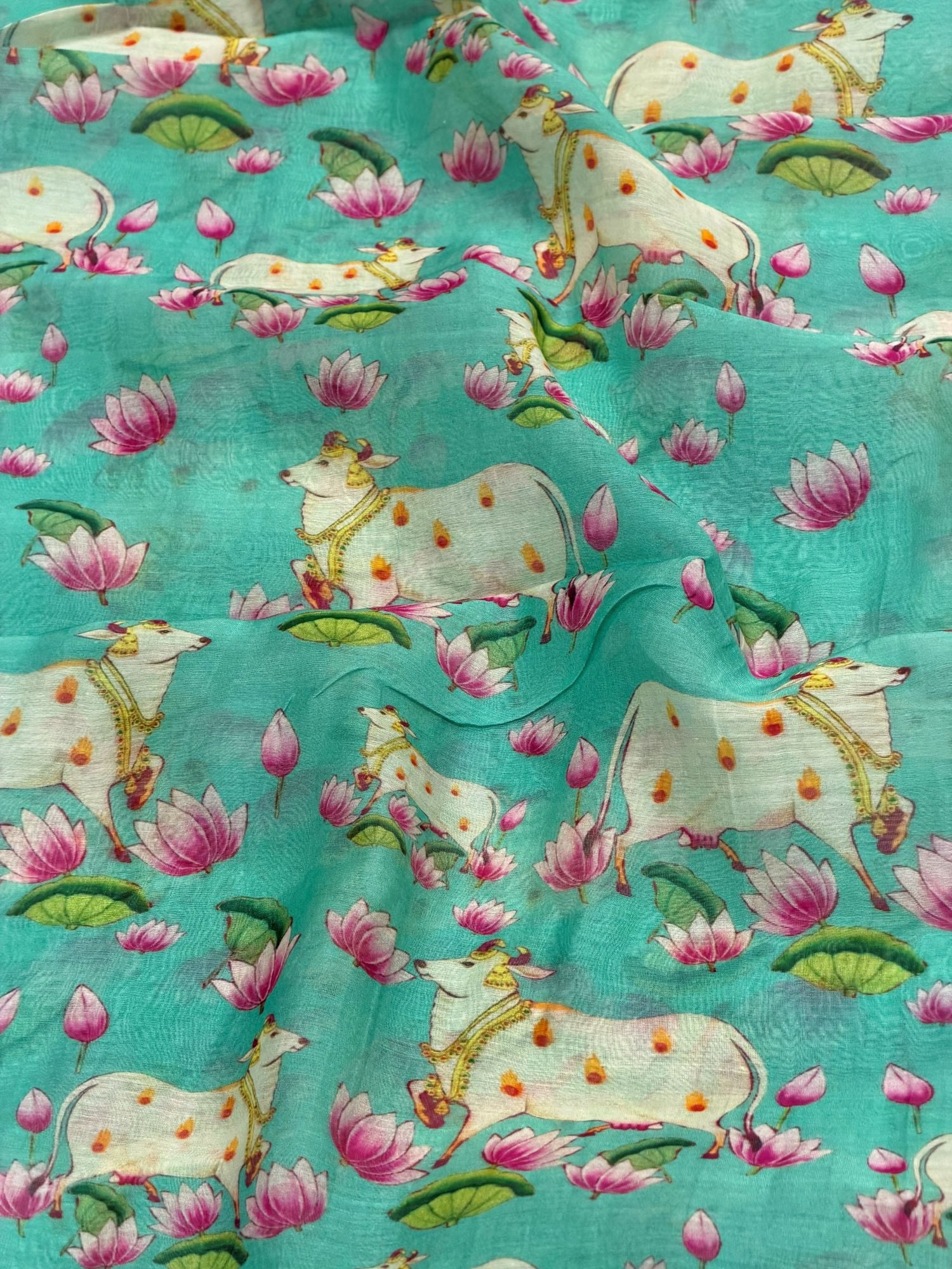 Turquoise Blue Mul Pichwai Prints Fabric