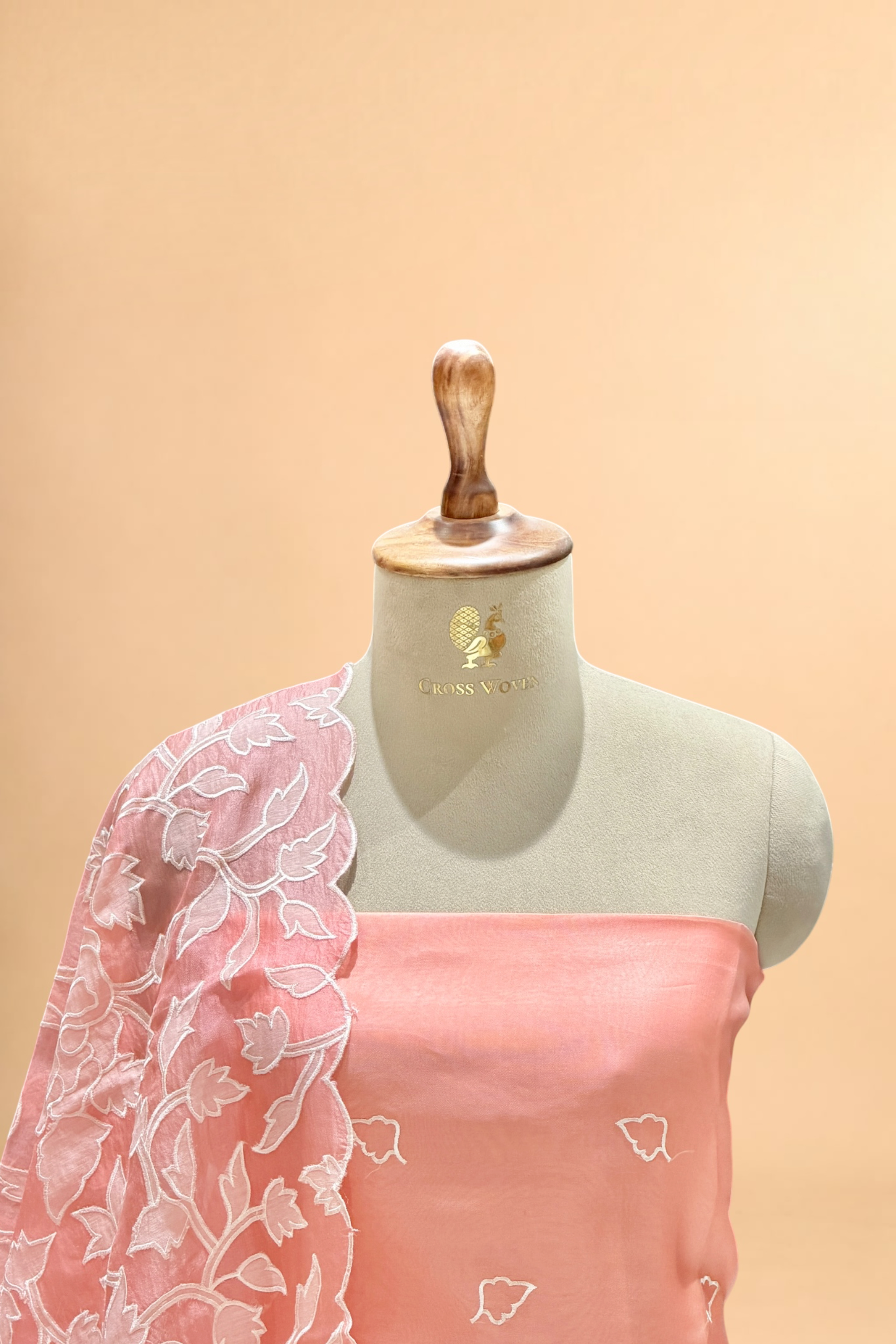 Peach Pink Organza Silk Suit Set With Appliqué Dupatta
