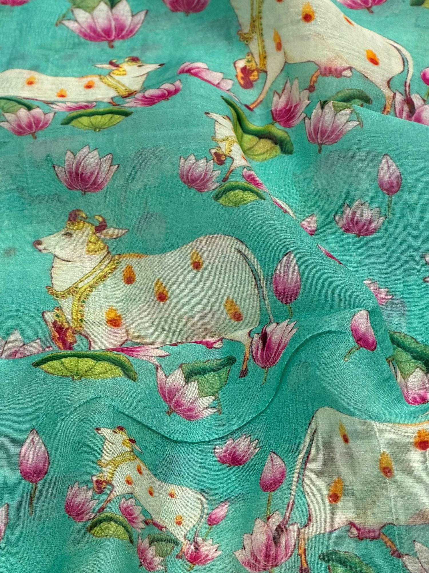 Turquoise Blue Mul Pichwai Prints Fabric