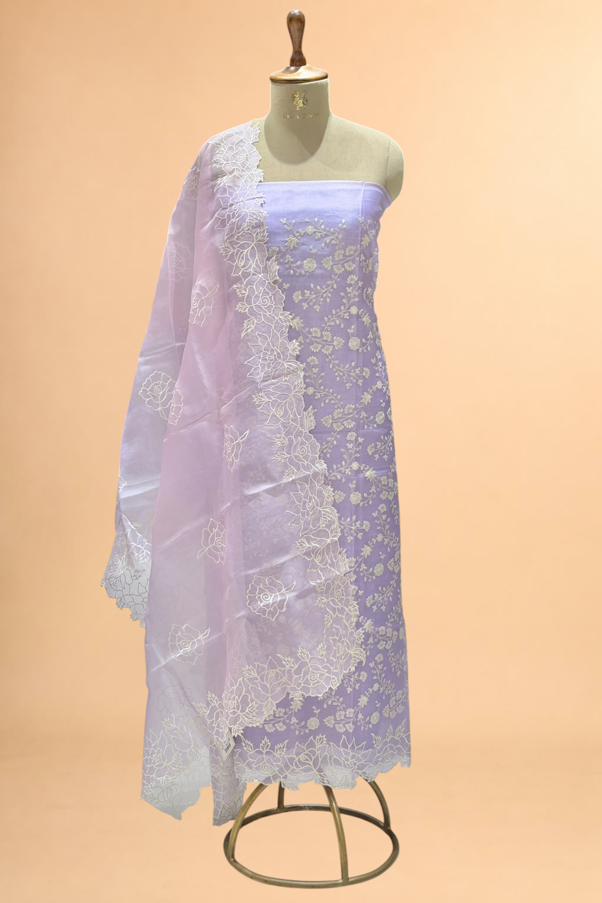 Lavender Organza Silk Suit Set With Shaded Dupatta