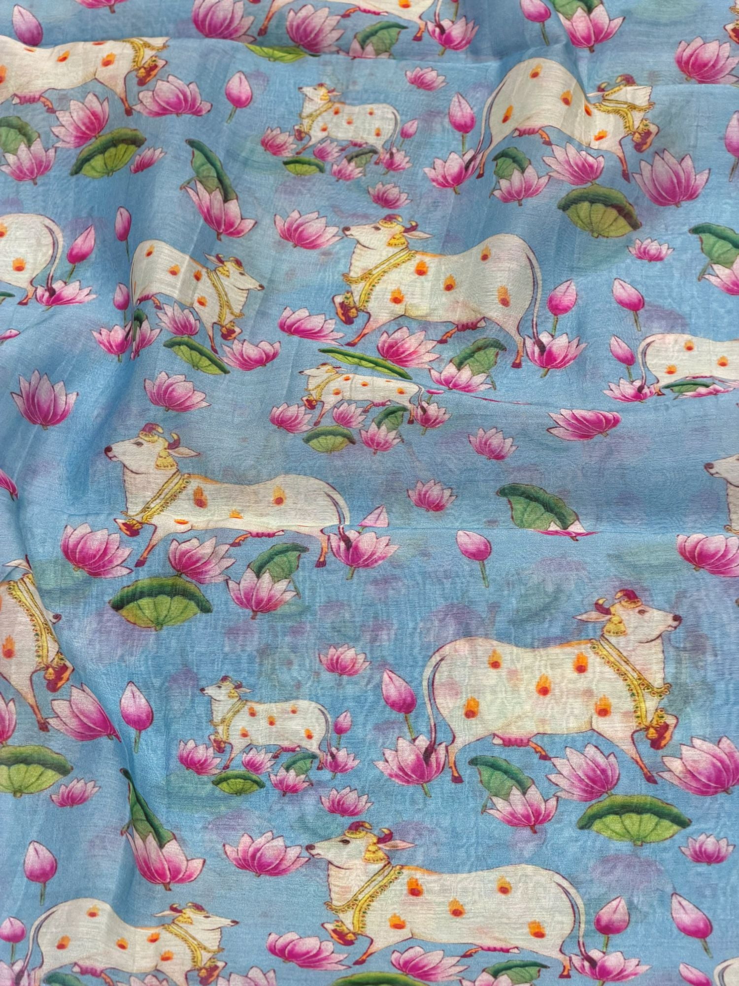 Powder Blue Mul Pichwai Prints Fabric