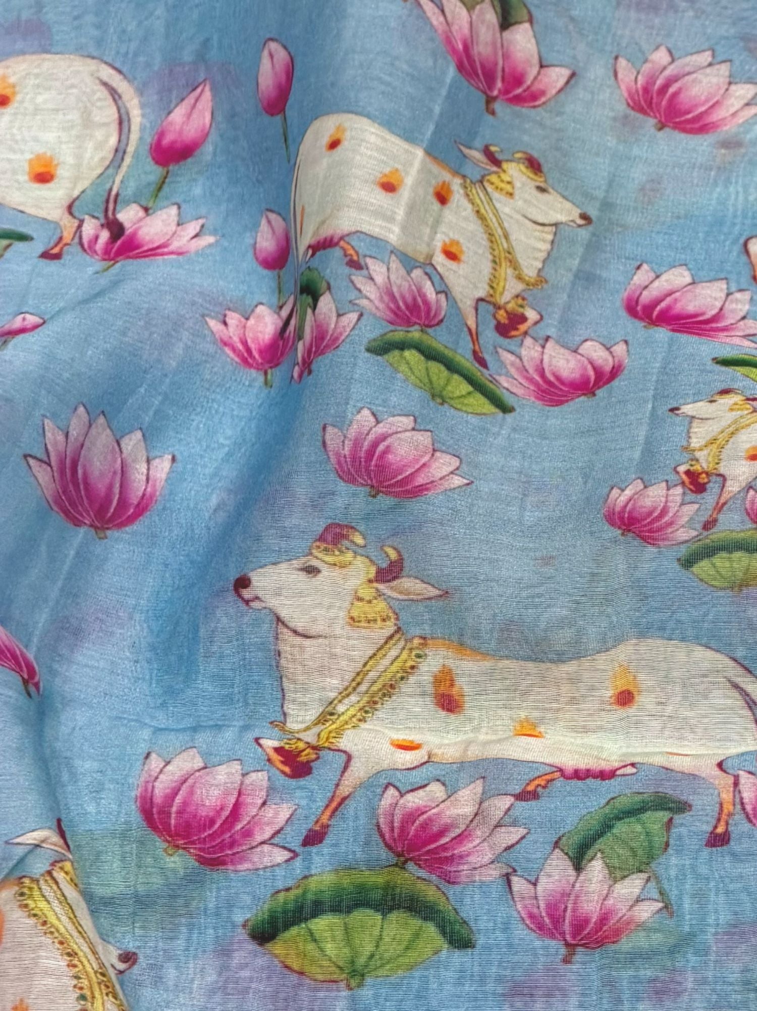 Powder Blue Mul Pichwai Prints Fabric