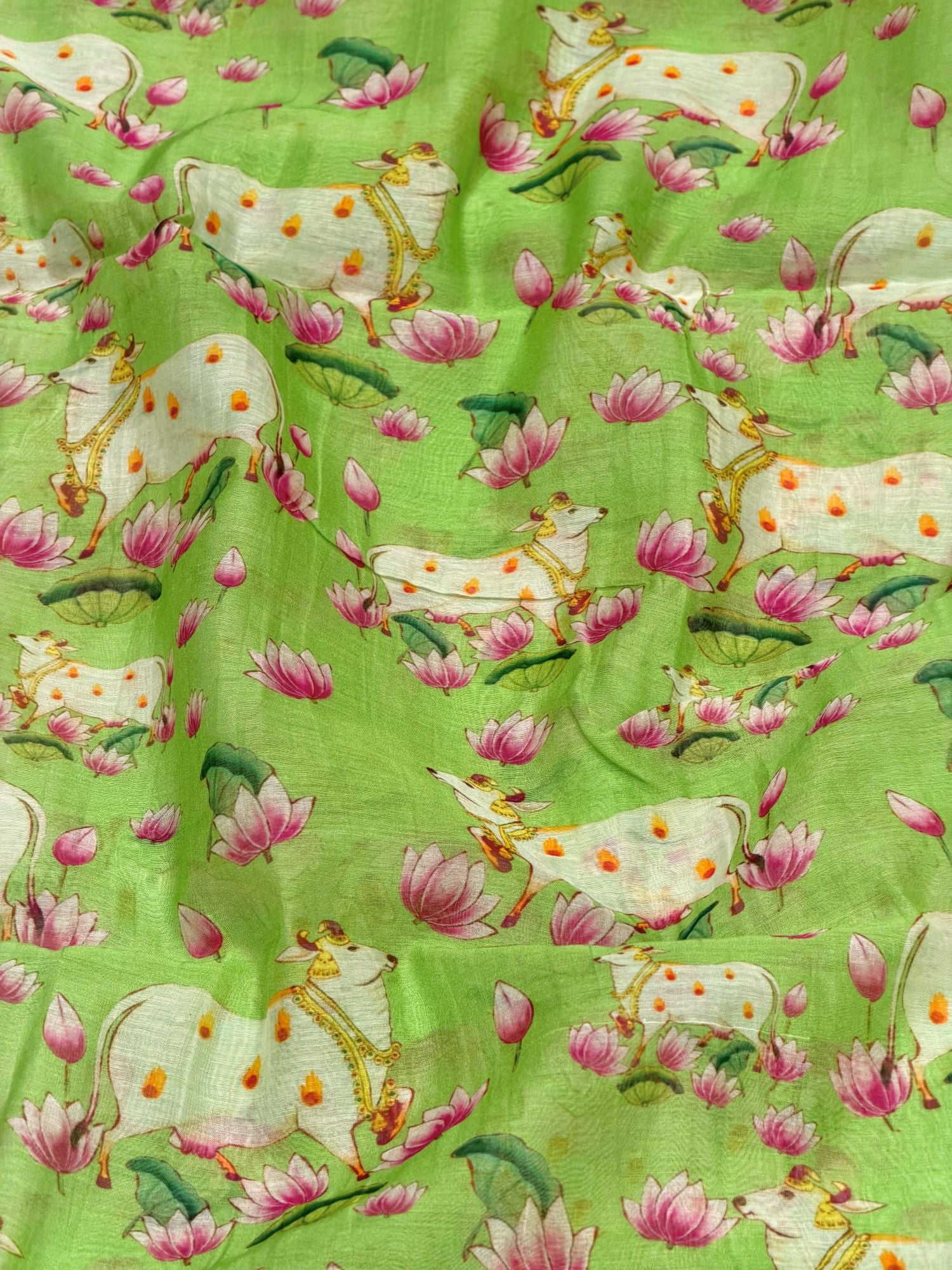 Lime Green Mul Pichwai Prints Fabric