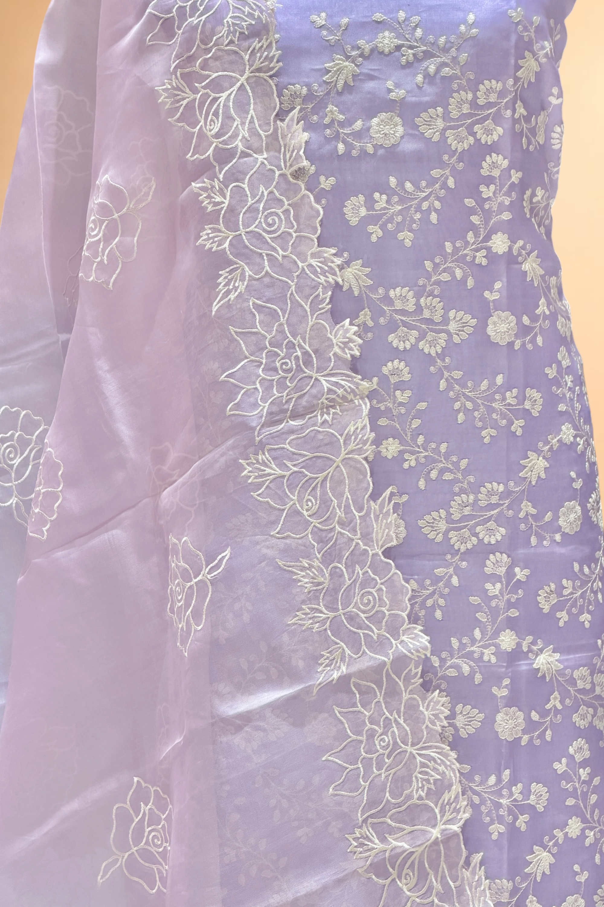 Lavender Organza Silk Suit Set With Shaded Dupatta